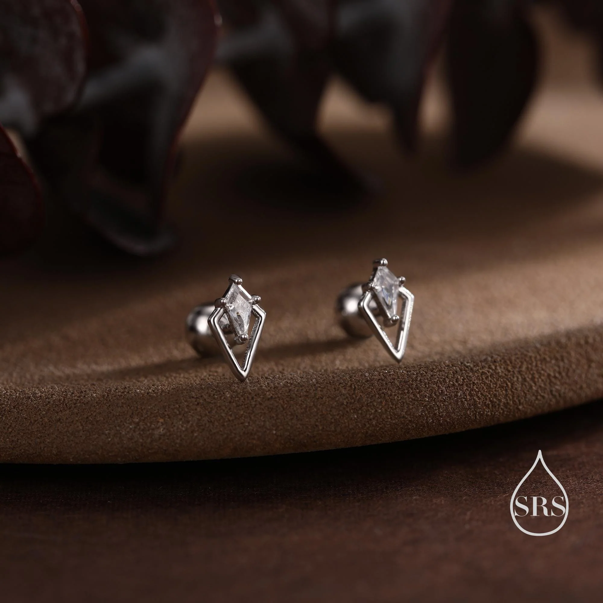 Art Deco Inspired Tiny Rhombus Screw Back / Internally Threaded Flat Back / Stud CZ Earrings in Sterling Silver, Silver or Gold or Rose Gold