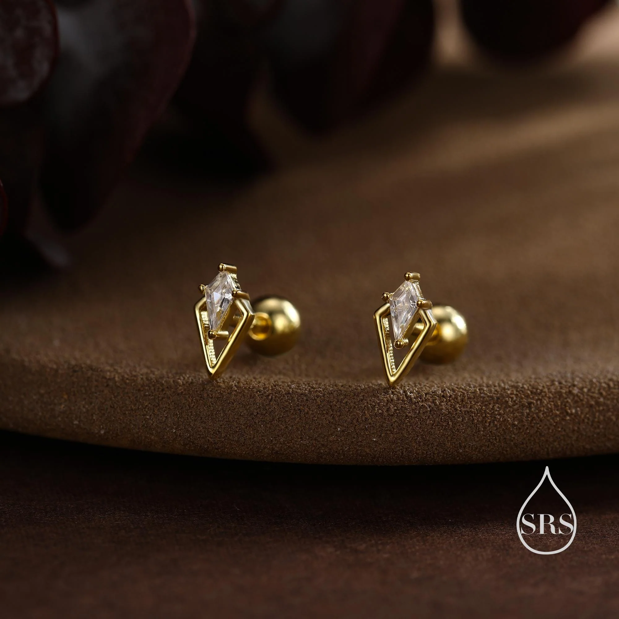 Art Deco Inspired Tiny Rhombus Screw Back / Internally Threaded Flat Back / Stud CZ Earrings in Sterling Silver, Silver or Gold or Rose Gold - Image 7