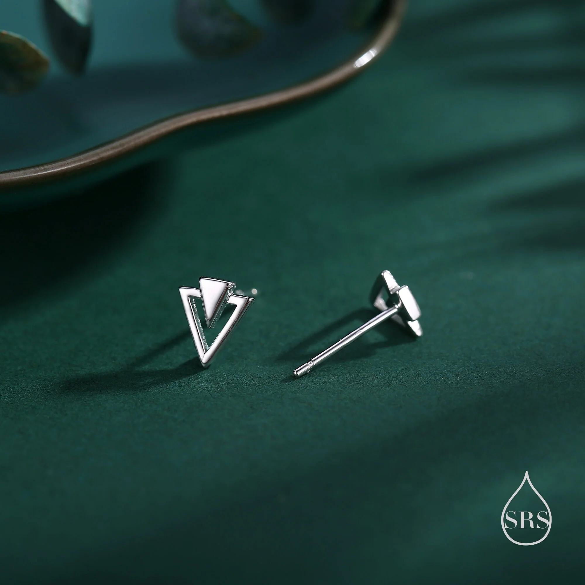 Art Deco Style Tiny Double Triangle Stud Earrings in Sterling Silver, Silver or Gold or Rose Gold, Cut Out Triangle Jacket Earrings - Image 3