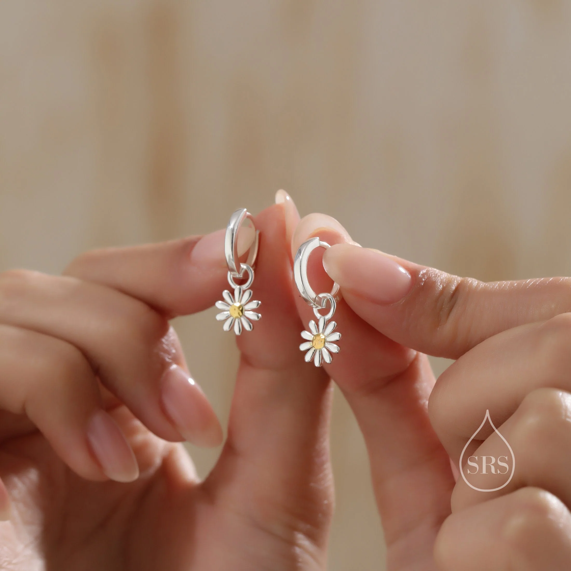 Aster Flower Charmed Hoop Earrings in Sterling Silver - Daisy Flower Blossom Huggie Hoop Earrings - Whimsical, Detachable Charm Hoops - Image 2