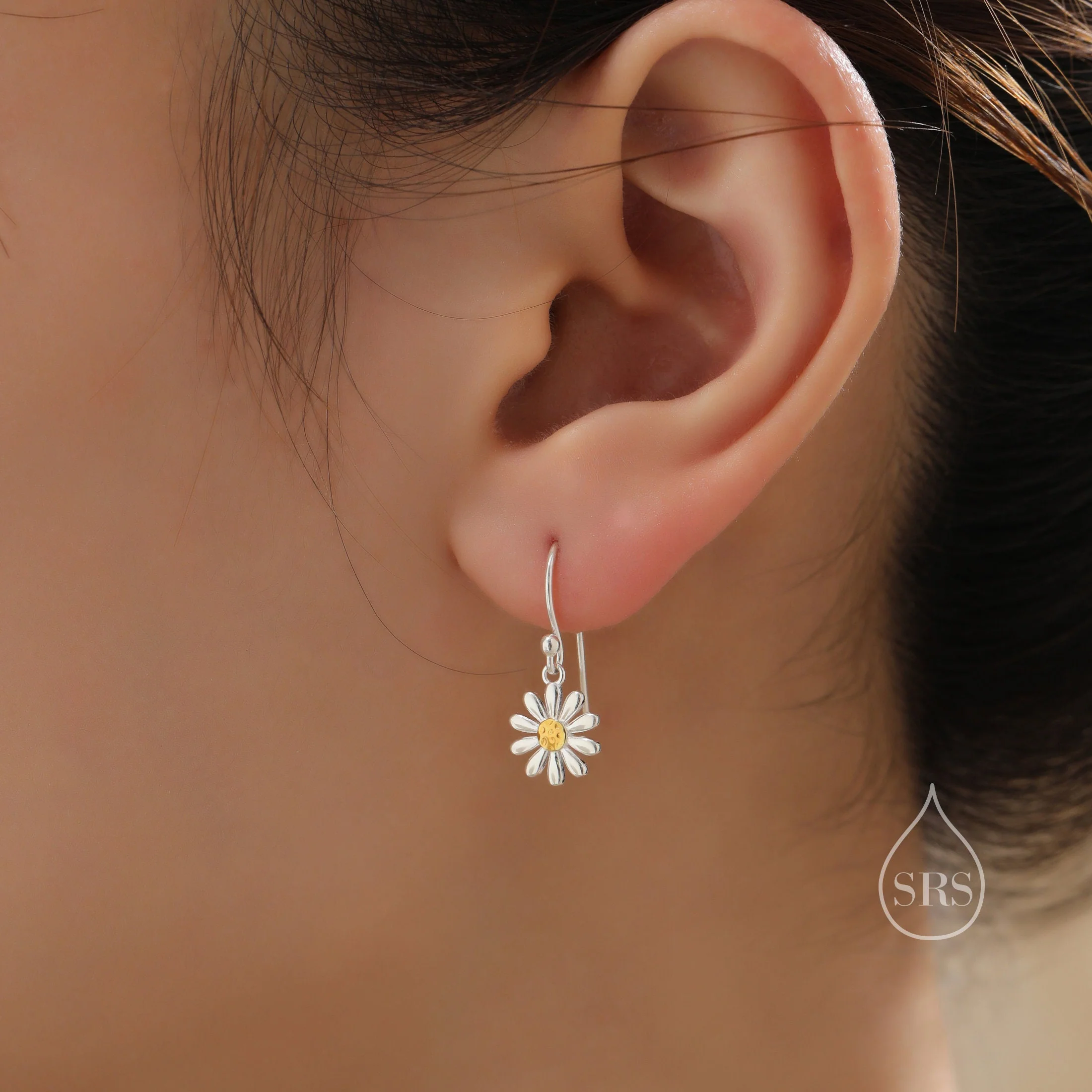 Aster Flower Drop Hook Earrings in Sterling Silver - Daisy Flower Blossom Dangle Earrings - Whimsical Daisy Earrings - Image 2