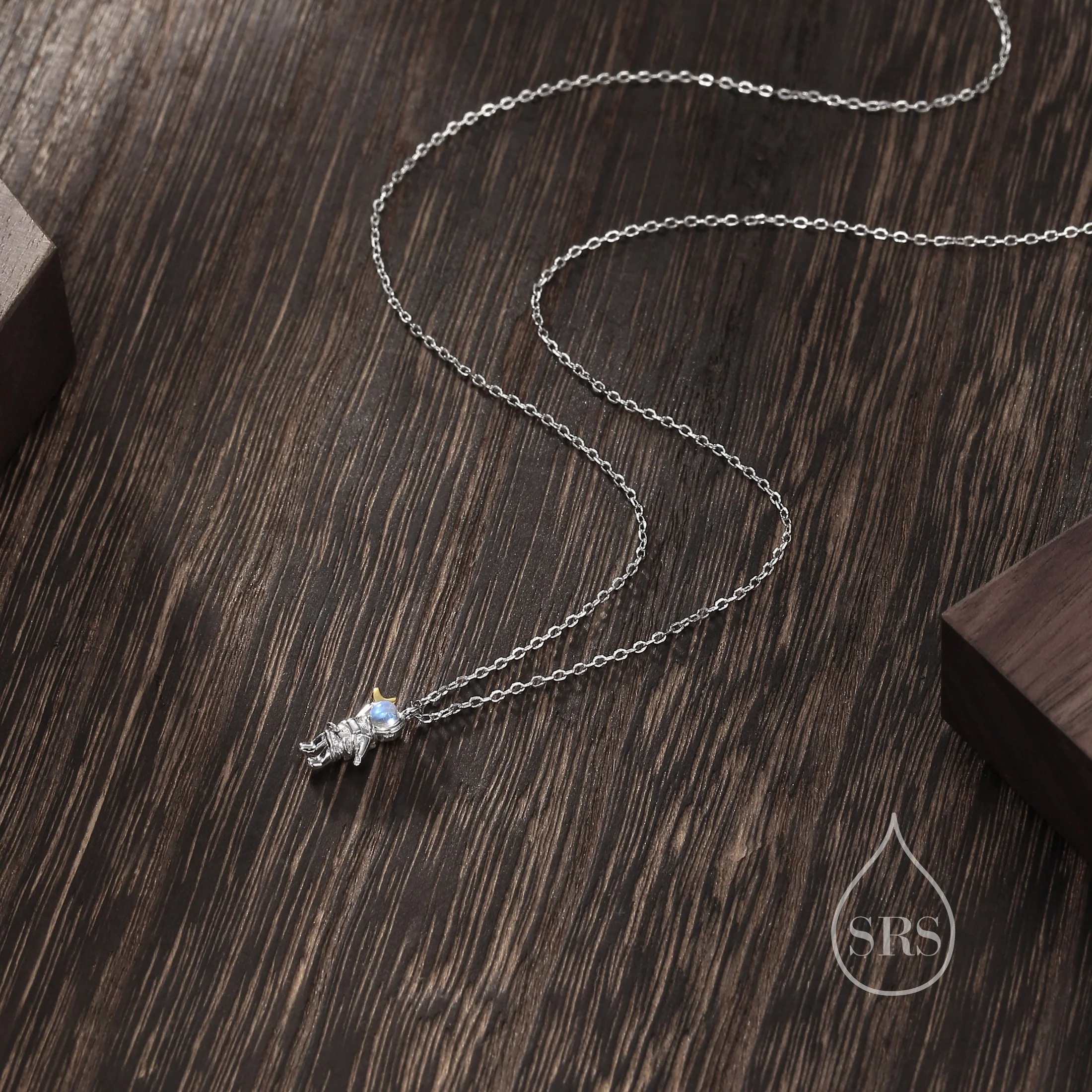 Astronaut Pendant Necklace in Sterling Silver with Lab Moonstone, Spaceman Holding Moon Necklace, Space Planet Celestial Jewellery - Image 5