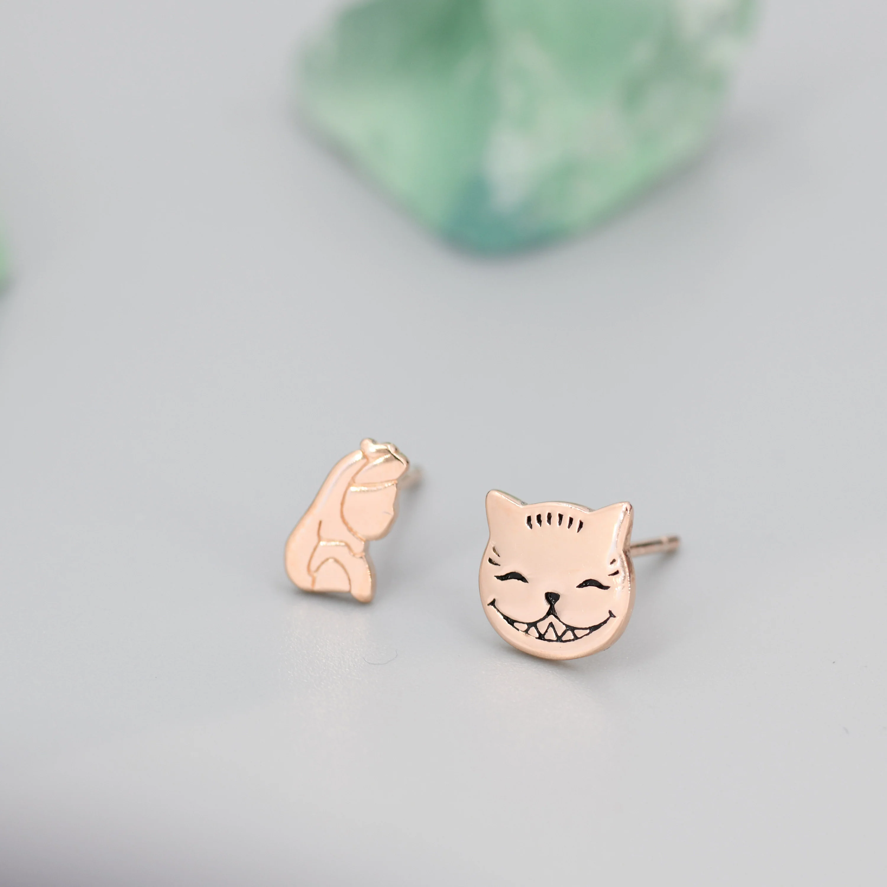 Asymmetric Alice and Cat Stud Earrings in Sterling Silver, Silver or Gold or Rose Gold, Alice Stud Earrings,  Fairy Tale Jewellery - Image 3