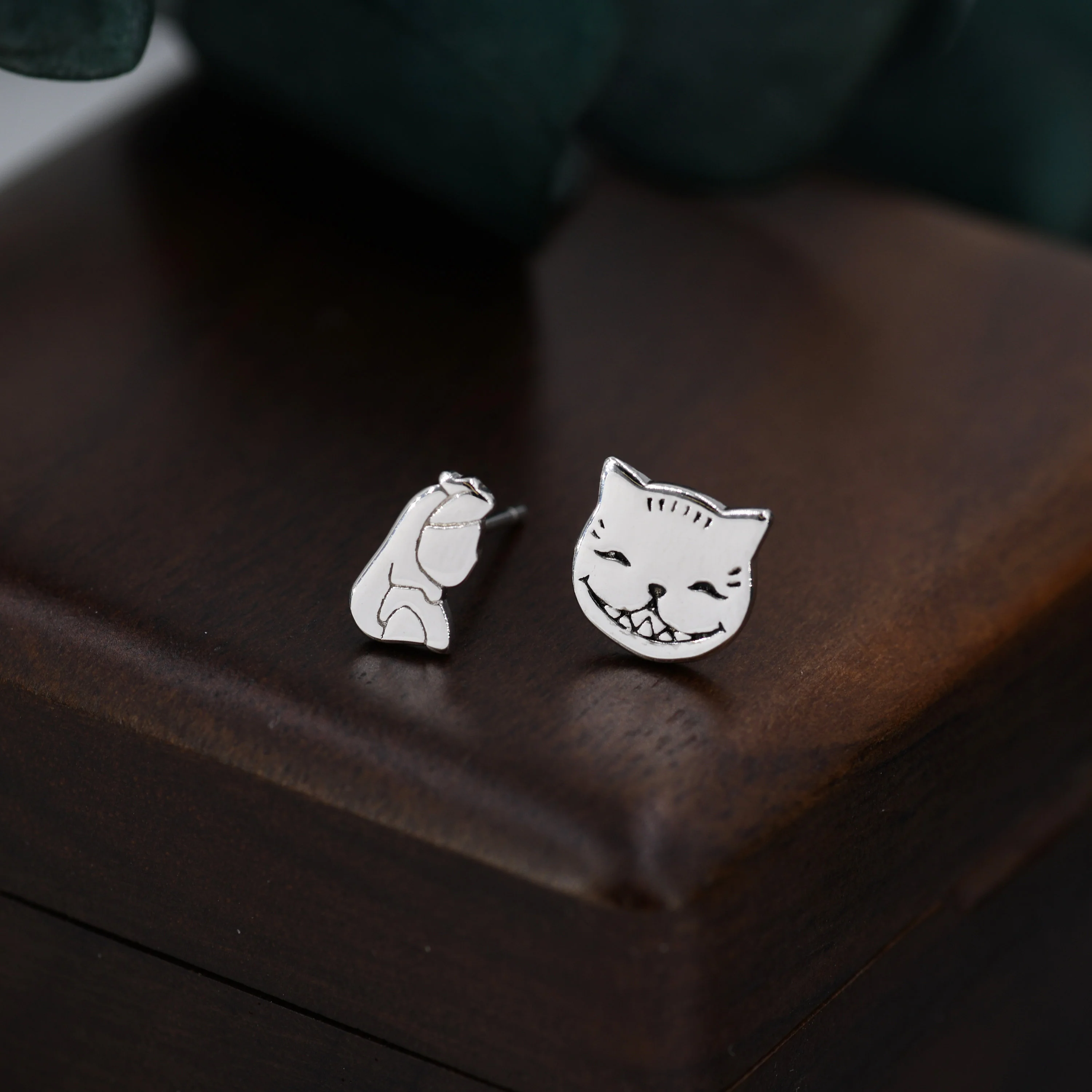 Asymmetric Alice and Cat Stud Earrings in Sterling Silver, Silver or Gold or Rose Gold, Alice Stud Earrings,  Fairy Tale Jewellery - Image 6