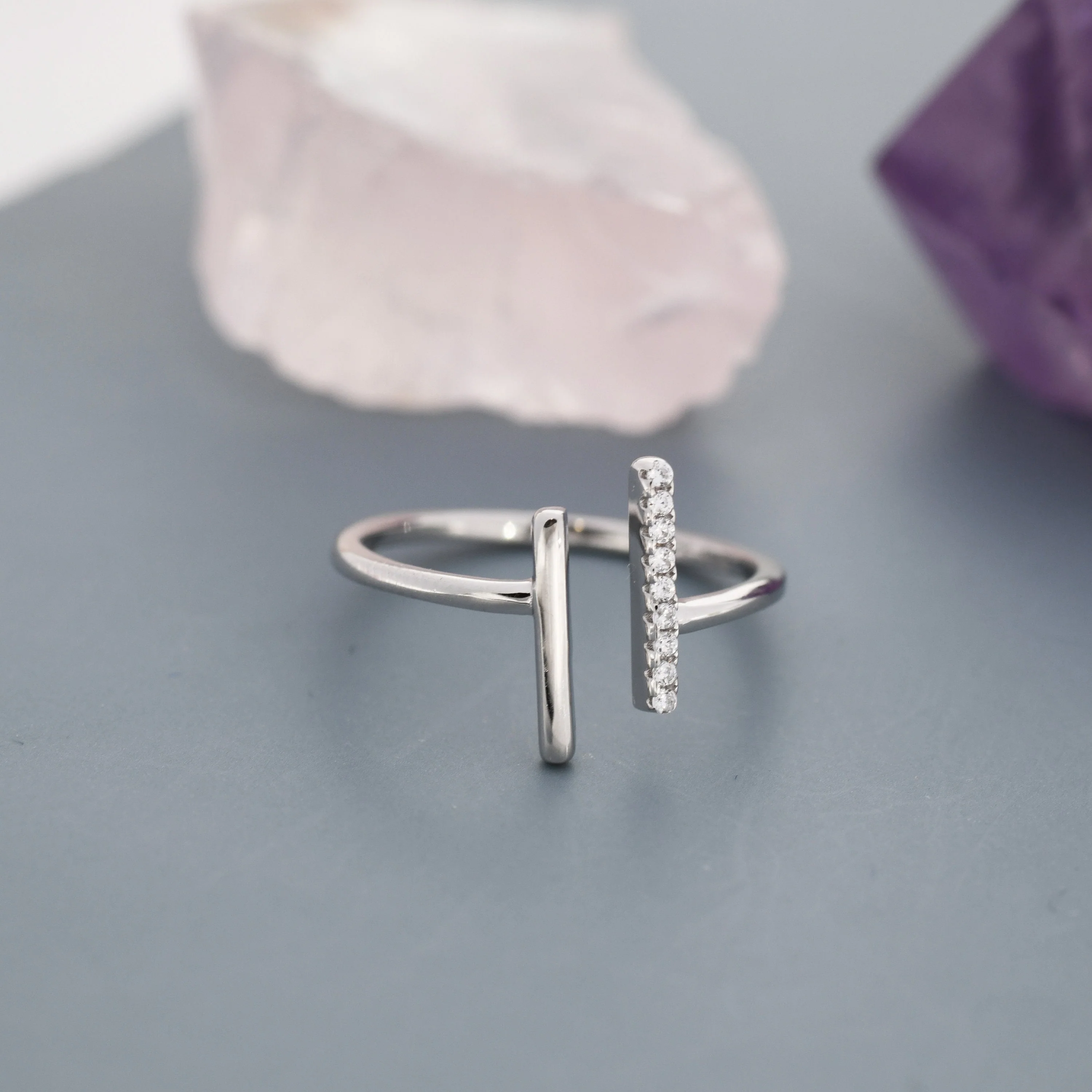 Asymmetric Bar CZ Open Ring in Sterling Silver, Adjustable, Minimalist CZ Stacking Ring CZ Ring - Image 5