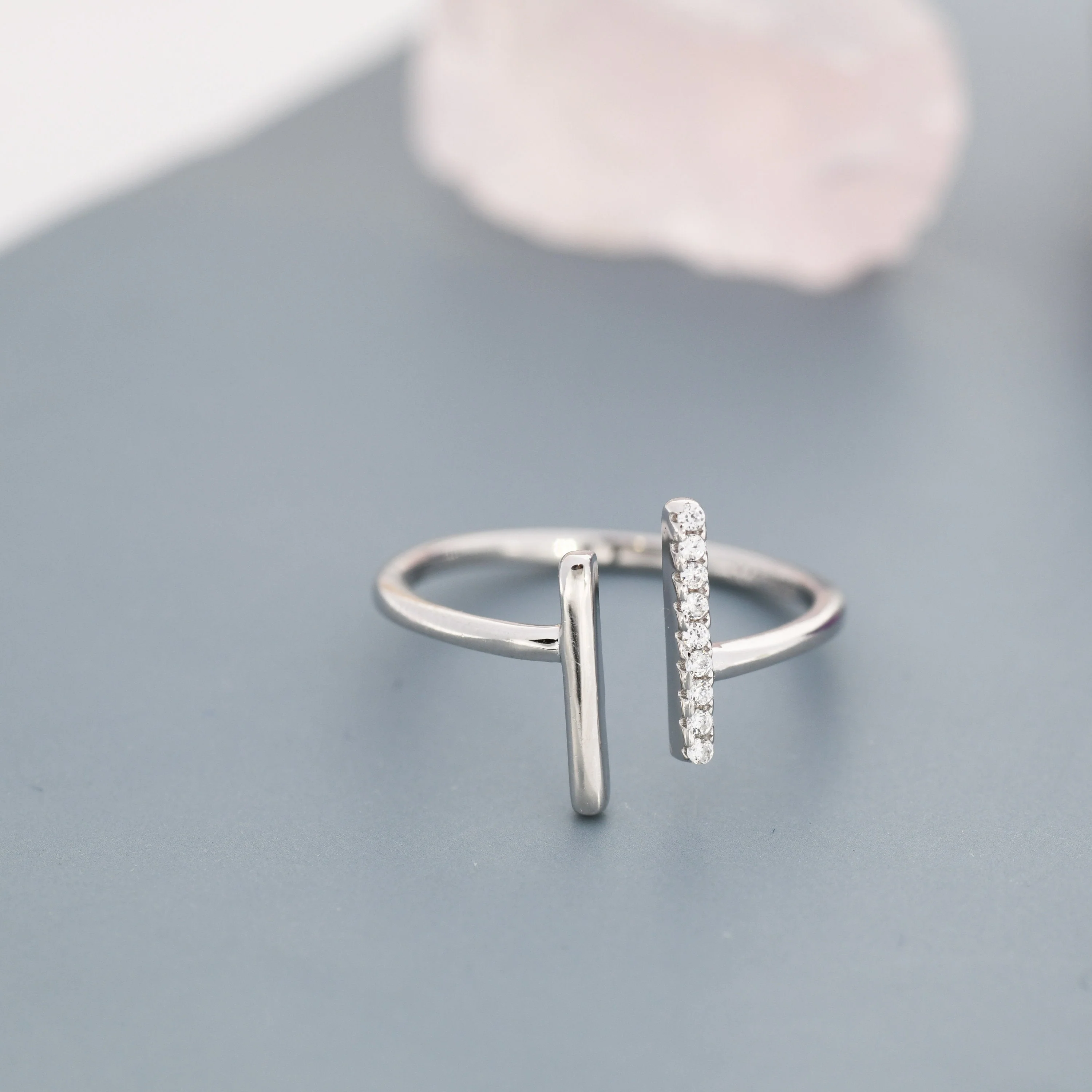 Asymmetric Bar CZ Open Ring in Sterling Silver, Adjustable, Minimalist CZ Stacking Ring CZ Ring - Image 6