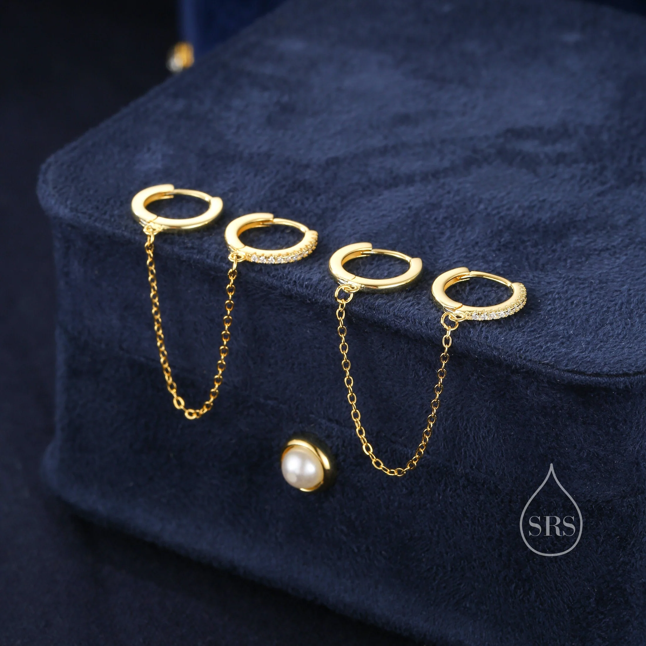 Asymmetric CZ Huggie Hoop Earrings with a Linking Chain, Chained Hoop Earrings, Linked Hoops, Linked Crystal Hoops - Image 4
