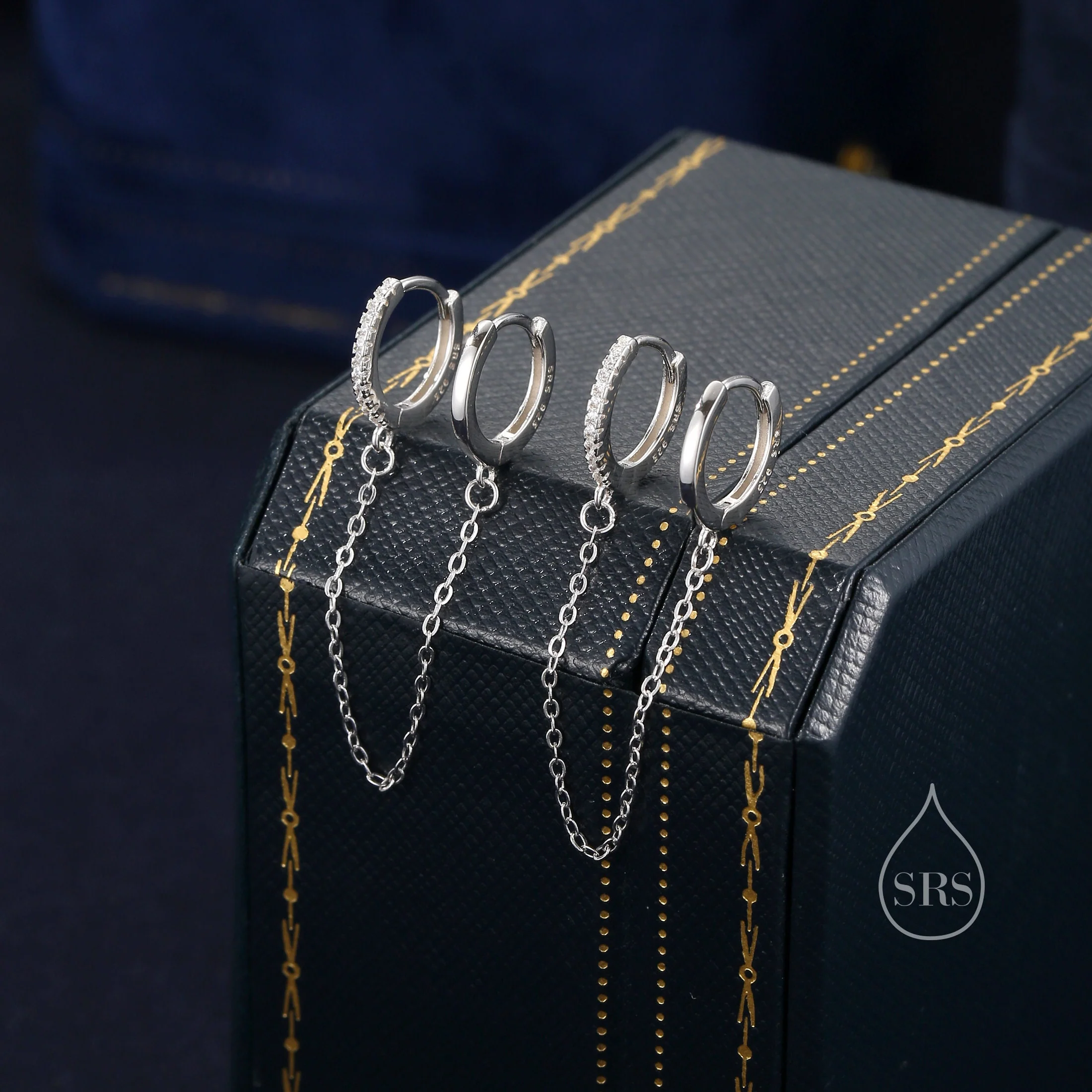 Asymmetric CZ Huggie Hoop Earrings with a Linking Chain, Chained Hoop Earrings, Linked Hoops, Linked Crystal Hoops - Image 5