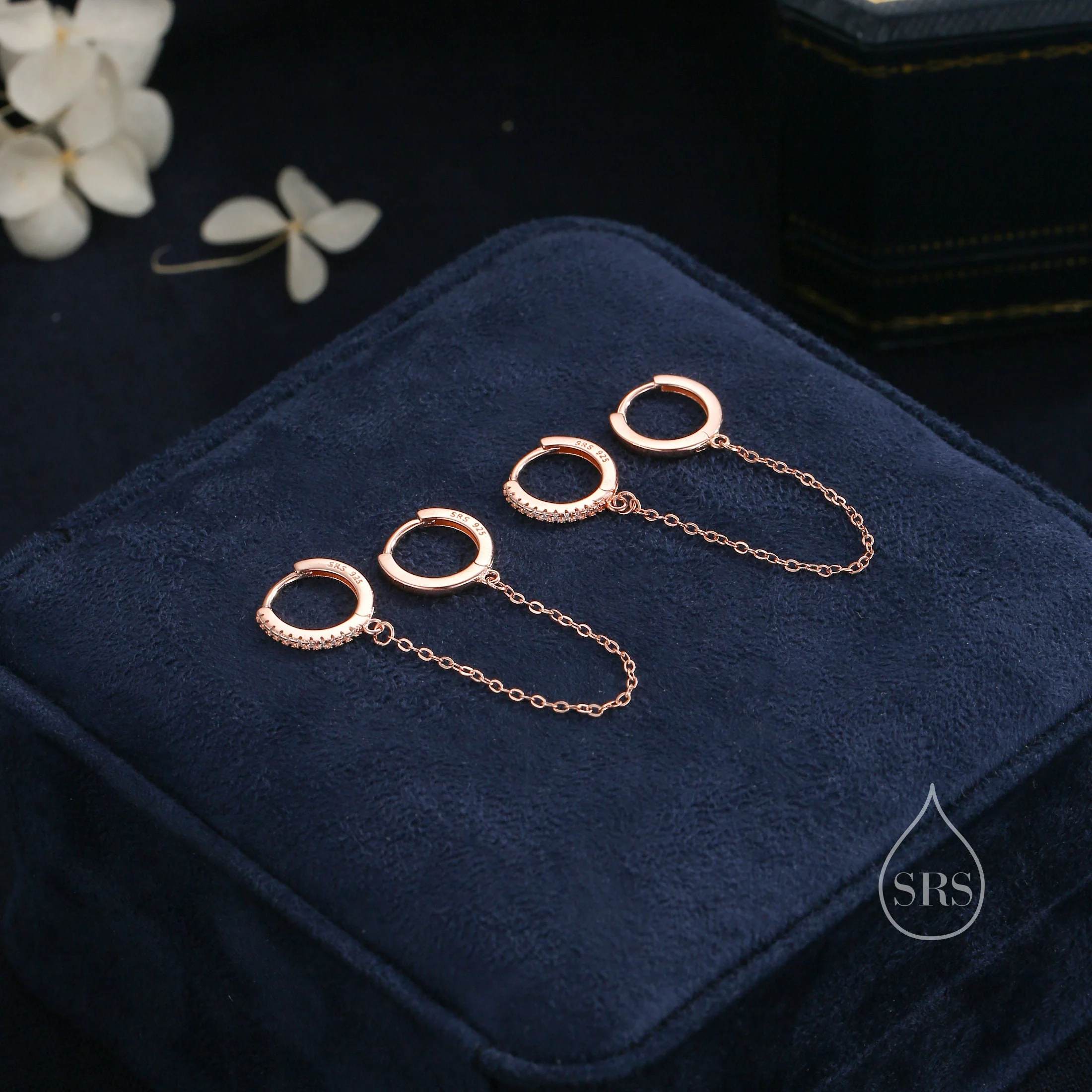 Asymmetric CZ Huggie Hoop Earrings with a Linking Chain, Chained Hoop Earrings, Linked Hoops, Linked Crystal Hoops - Image 6