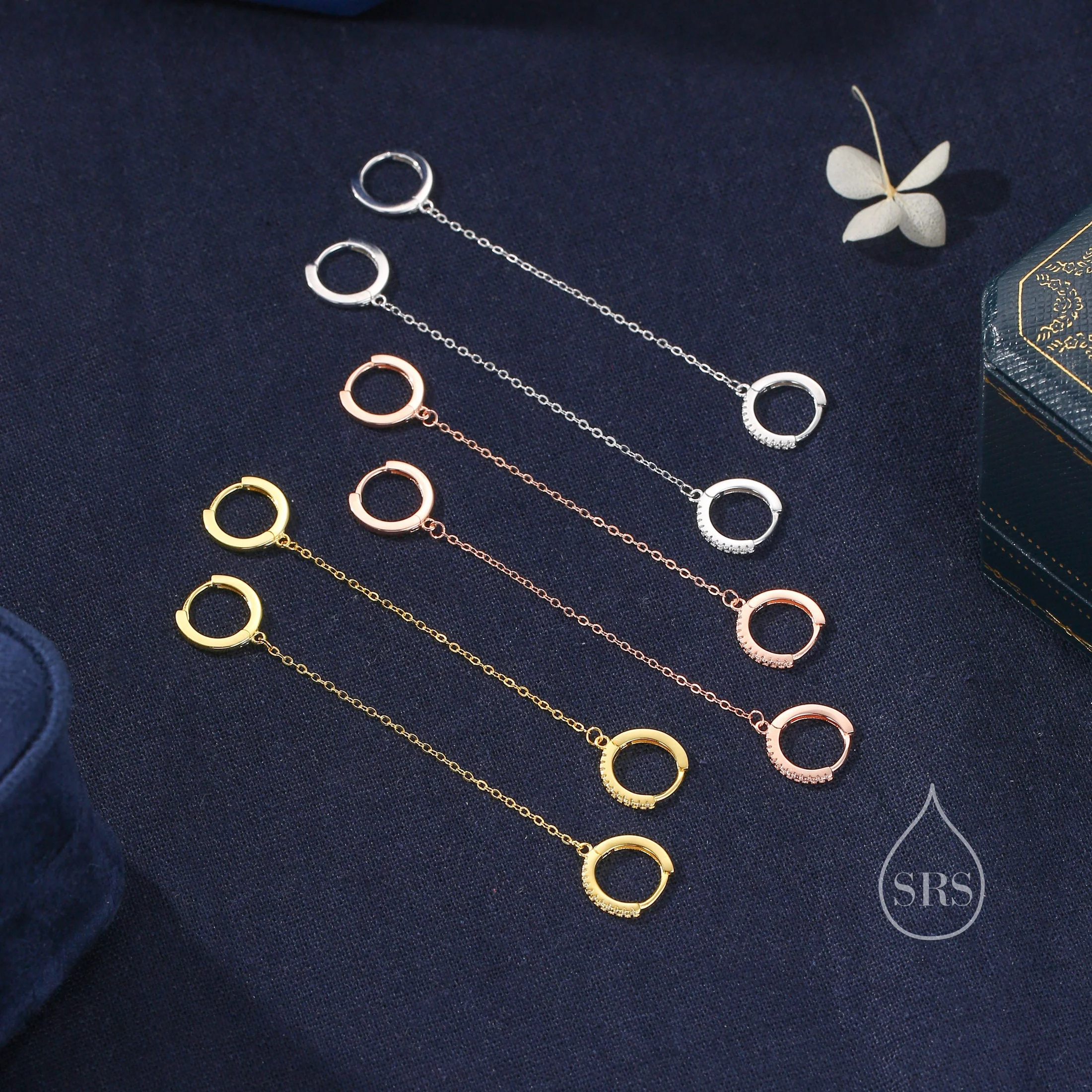 Asymmetric CZ Huggie Hoop Earrings with a Linking Chain, Chained Hoop Earrings, Linked Hoops, Linked Crystal Hoops - Image 7