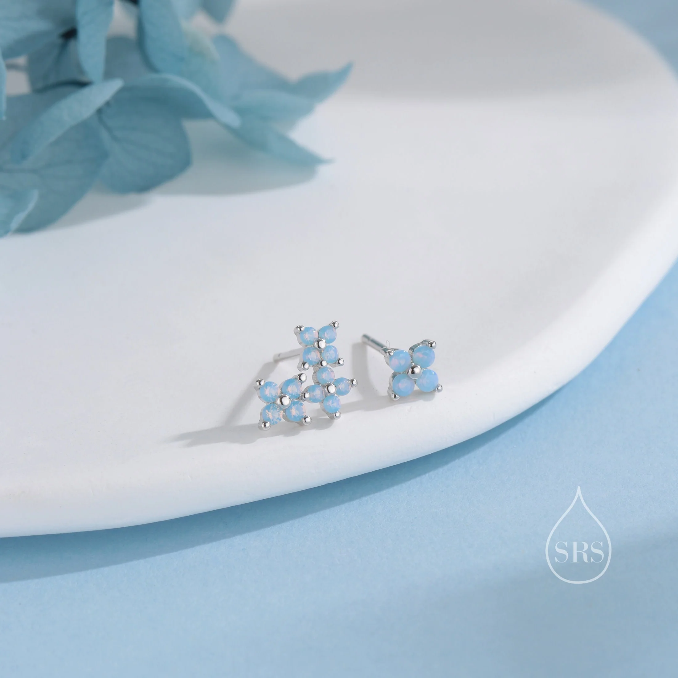 Asymmetric Hydrangea Flower Bouquet CZ Stud Earrings in Sterling Silver, Silver, Gold or Rose Gold, Mismatched Opal Blue Flower Earrings - Image 2