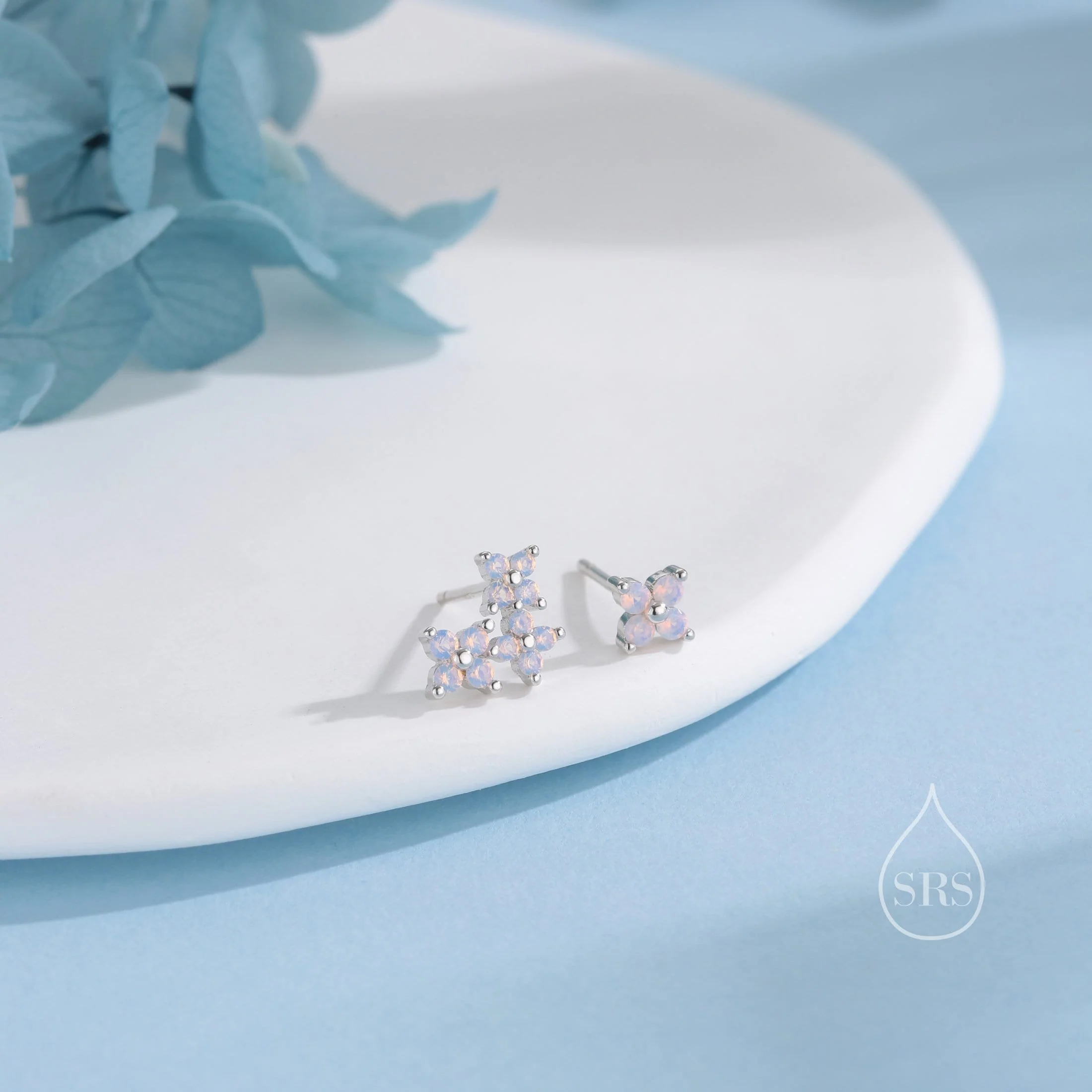 Asymmetric Hydrangea Flower Bouquet CZ Stud Earrings in Sterling Silver, Silver, Gold or Rose Gold, Mismatched Opal Pink Flower Earrings - Image 2
