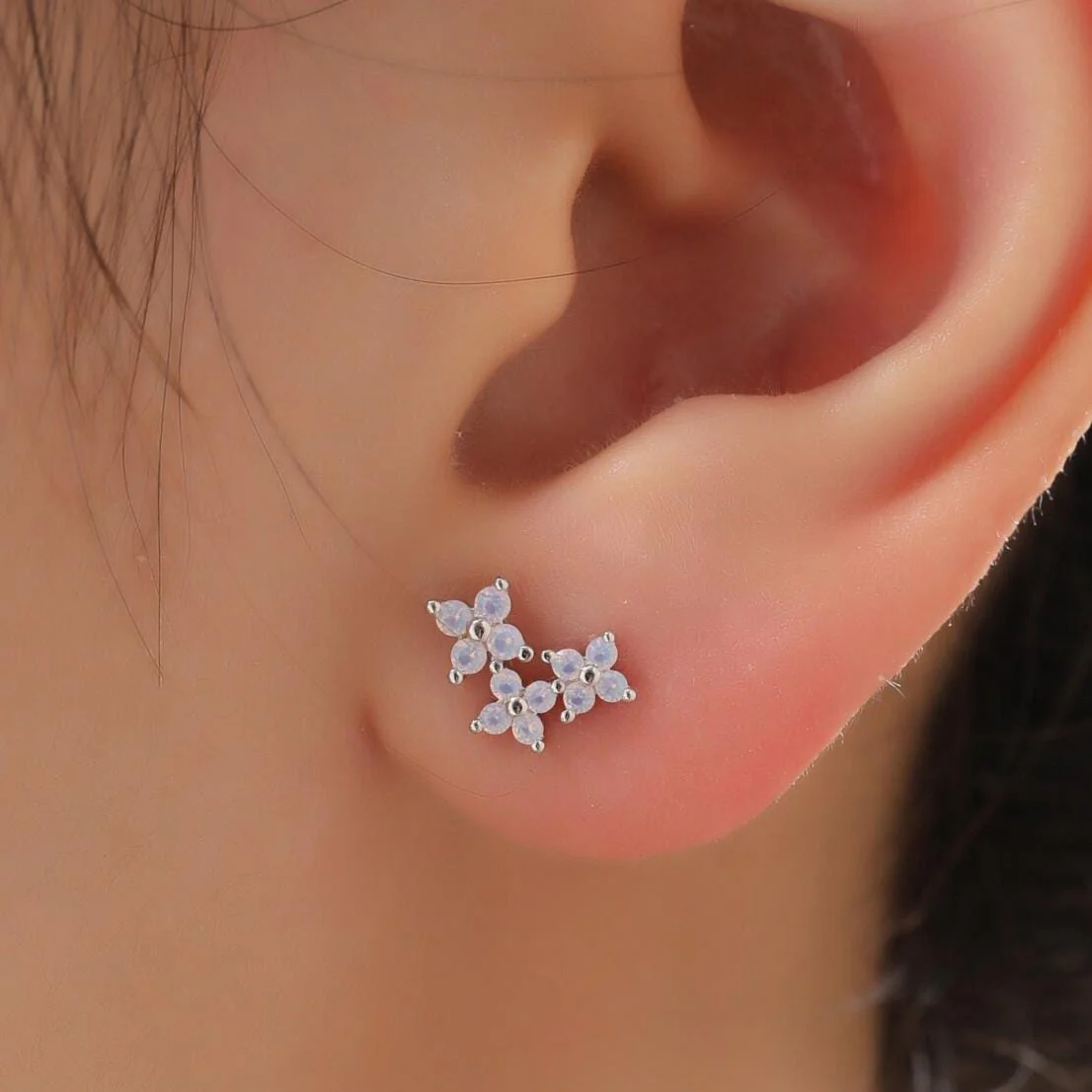 Asymmetric Hydrangea Flower Bouquet CZ Stud Earrings in Sterling Silver, Silver, Gold or Rose Gold, Mismatched Opal Pink Flower Earrings - Image 6