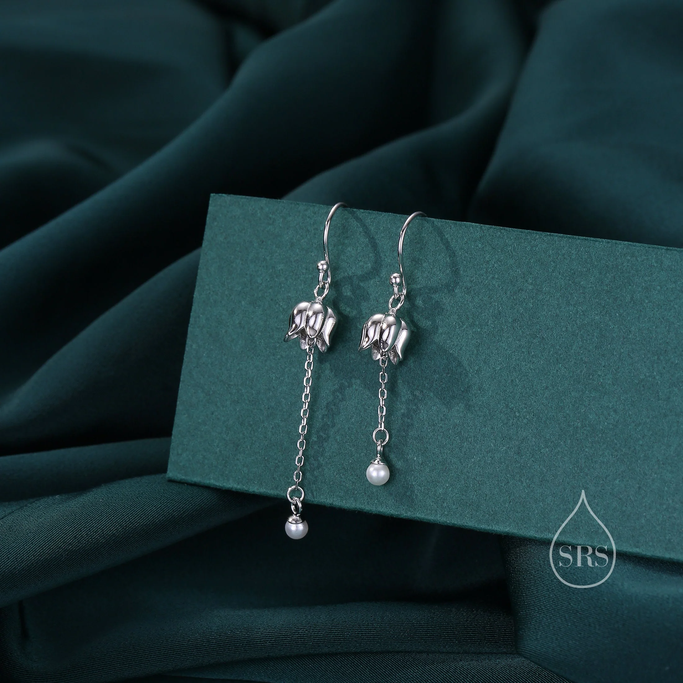 Asymmetric Lily of the valley with Dangle Pearl Dangle Earrings in Sterling Silver, Lily of the Valley Flower Dangle Earrings - Image 2
