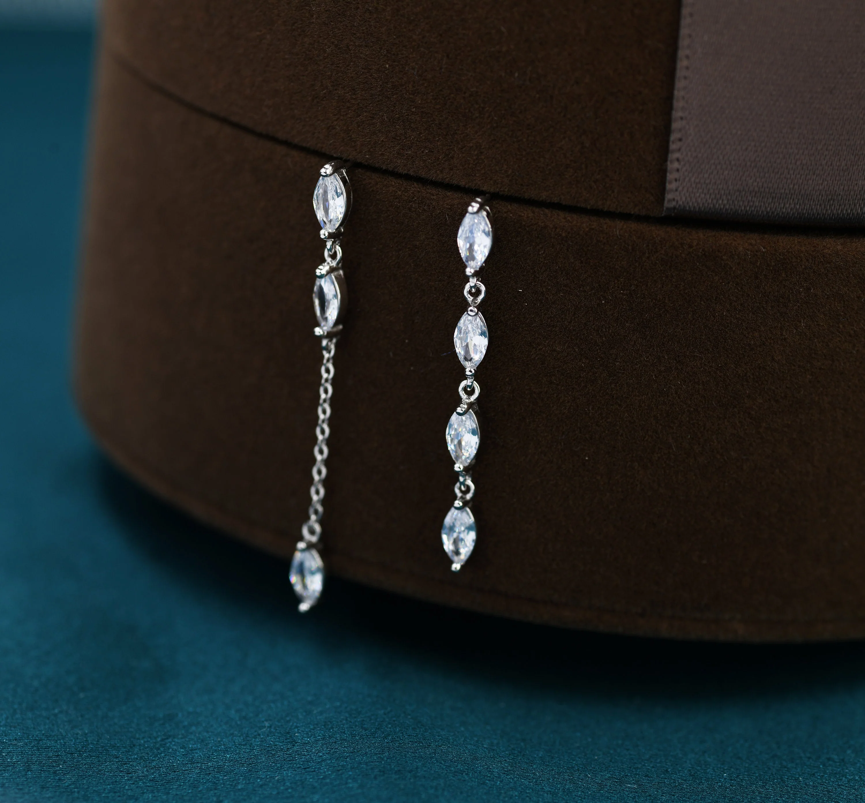 Asymmetric Marquise CZ Dangle Drop Stud Earrings in Sterling Silver, Marquise CZ Leave Earrings, Tree Branch Nature Inspired Design - Image 3