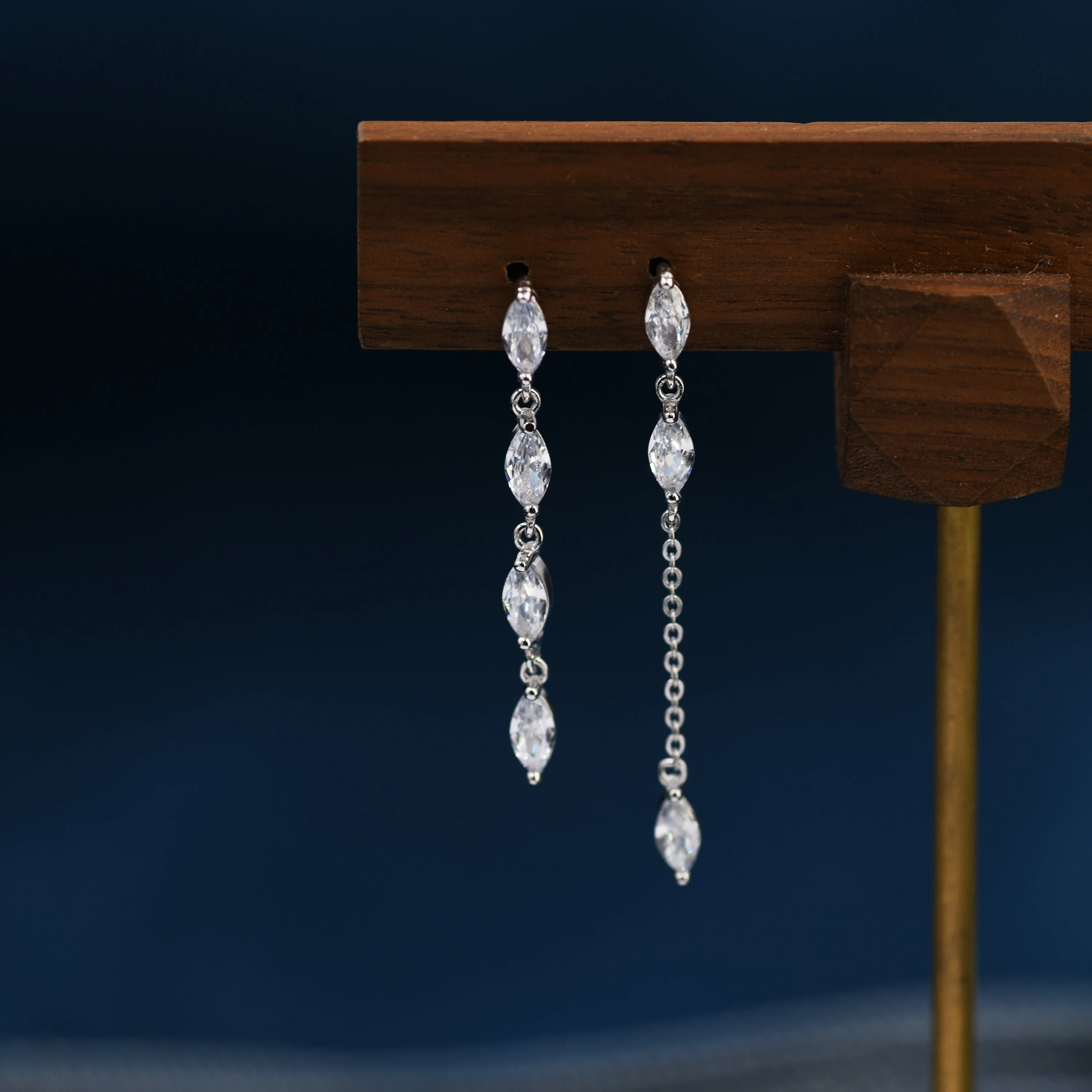 Asymmetric Marquise CZ Dangle Drop Stud Earrings in Sterling Silver, Marquise CZ Leave Earrings, Tree Branch Nature Inspired Design - Image 5