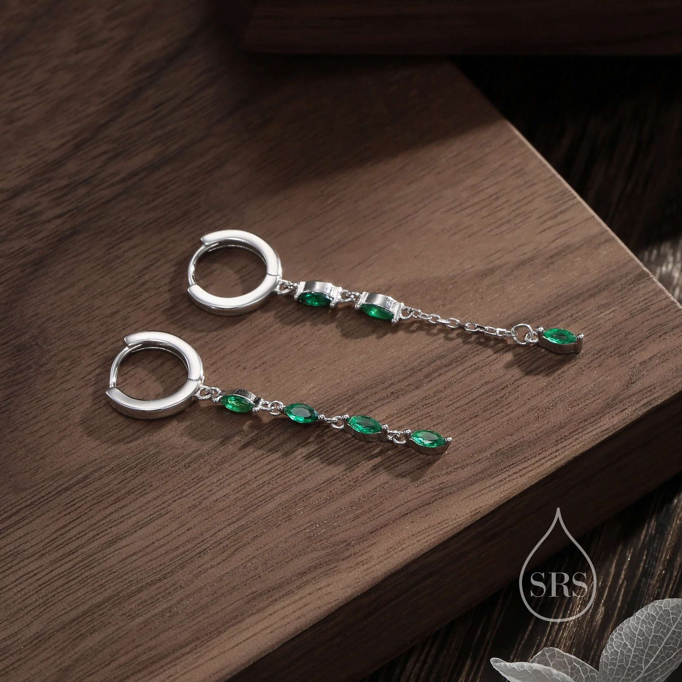 Asymmetric Marquise CZ Dangle Huggie Hoop Earrings in Sterling Silver with Emerald Green CZ, Silver or Gold, Geometric Hoop Earrings - Image 2
