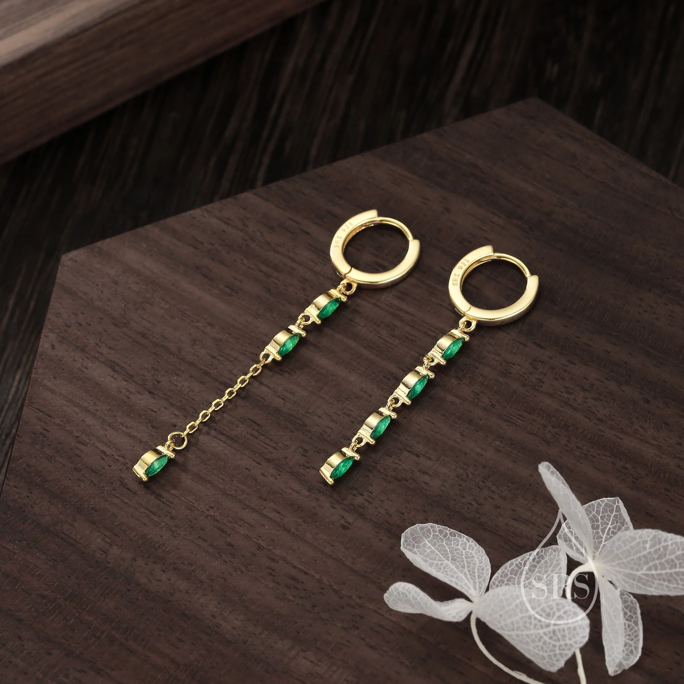 Asymmetric Marquise CZ Dangle Huggie Hoop Earrings in Sterling Silver with Emerald Green CZ, Silver or Gold, Geometric Hoop Earrings - Image 4