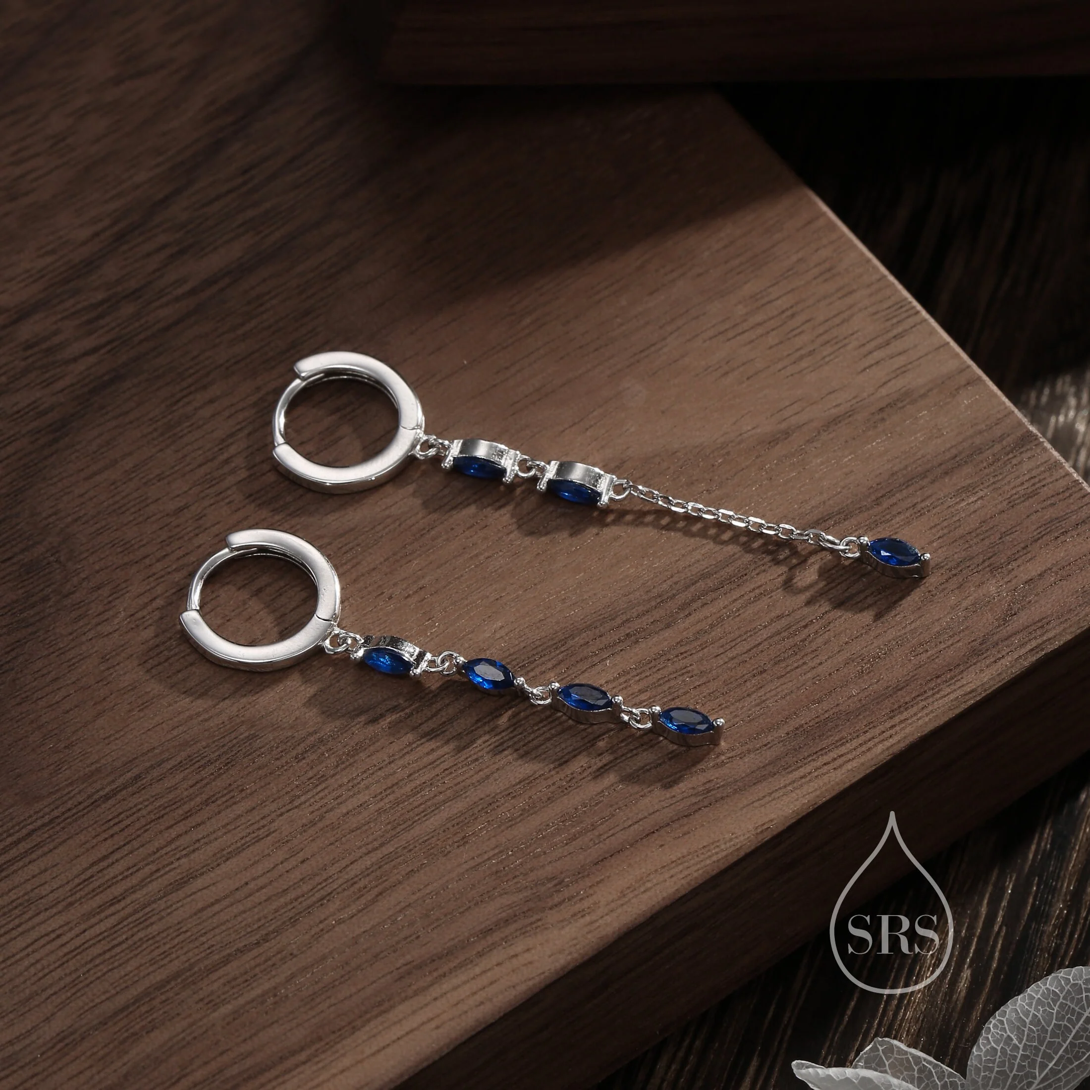 Asymmetric Marquise CZ Dangle Huggie Hoop Earrings in Sterling Silver with Sapphire Blue CZ, Silver or Gold, Geometric Hoop Earrings - Image 4