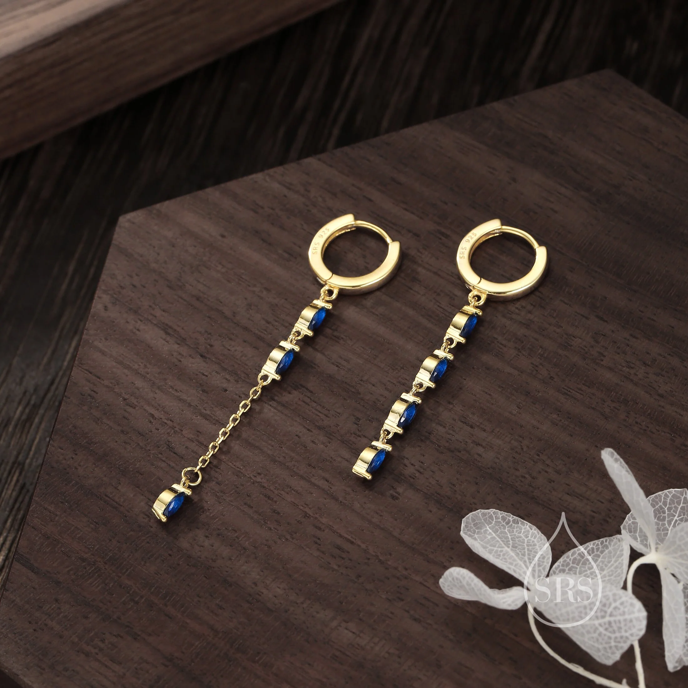 Asymmetric Marquise CZ Dangle Huggie Hoop Earrings in Sterling Silver with Sapphire Blue CZ, Silver or Gold, Geometric Hoop Earrings - Image 5