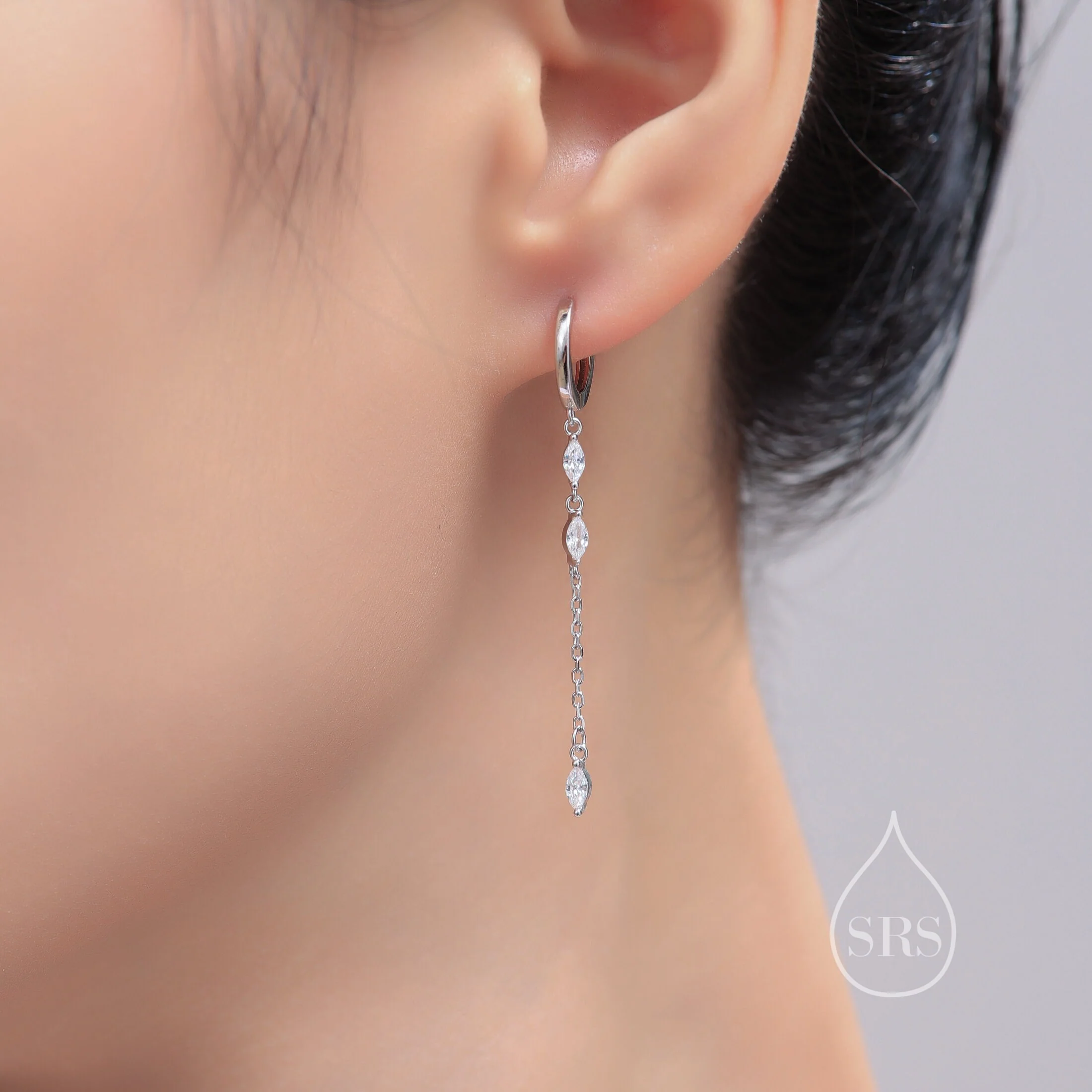 Asymmetric Marquise CZ Dangle Huggie Hoop Earrings in Sterling Silver with Sapphire Blue CZ, Silver or Gold, Geometric Hoop Earrings - Image 7