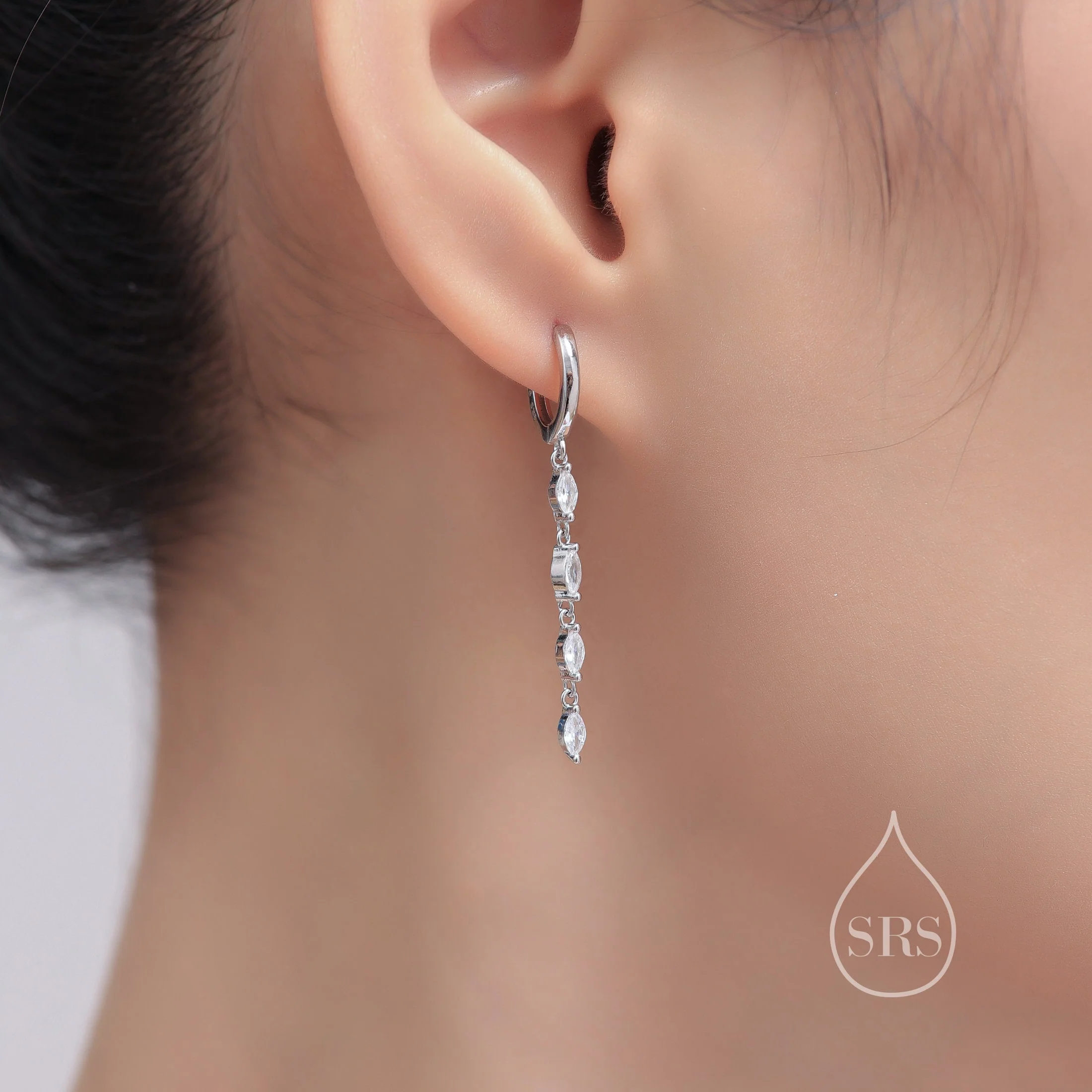 Asymmetric Marquise CZ Dangle Huggie Hoop Earrings in Sterling Silver with Sapphire Blue CZ, Silver or Gold, Geometric Hoop Earrings - Image 8