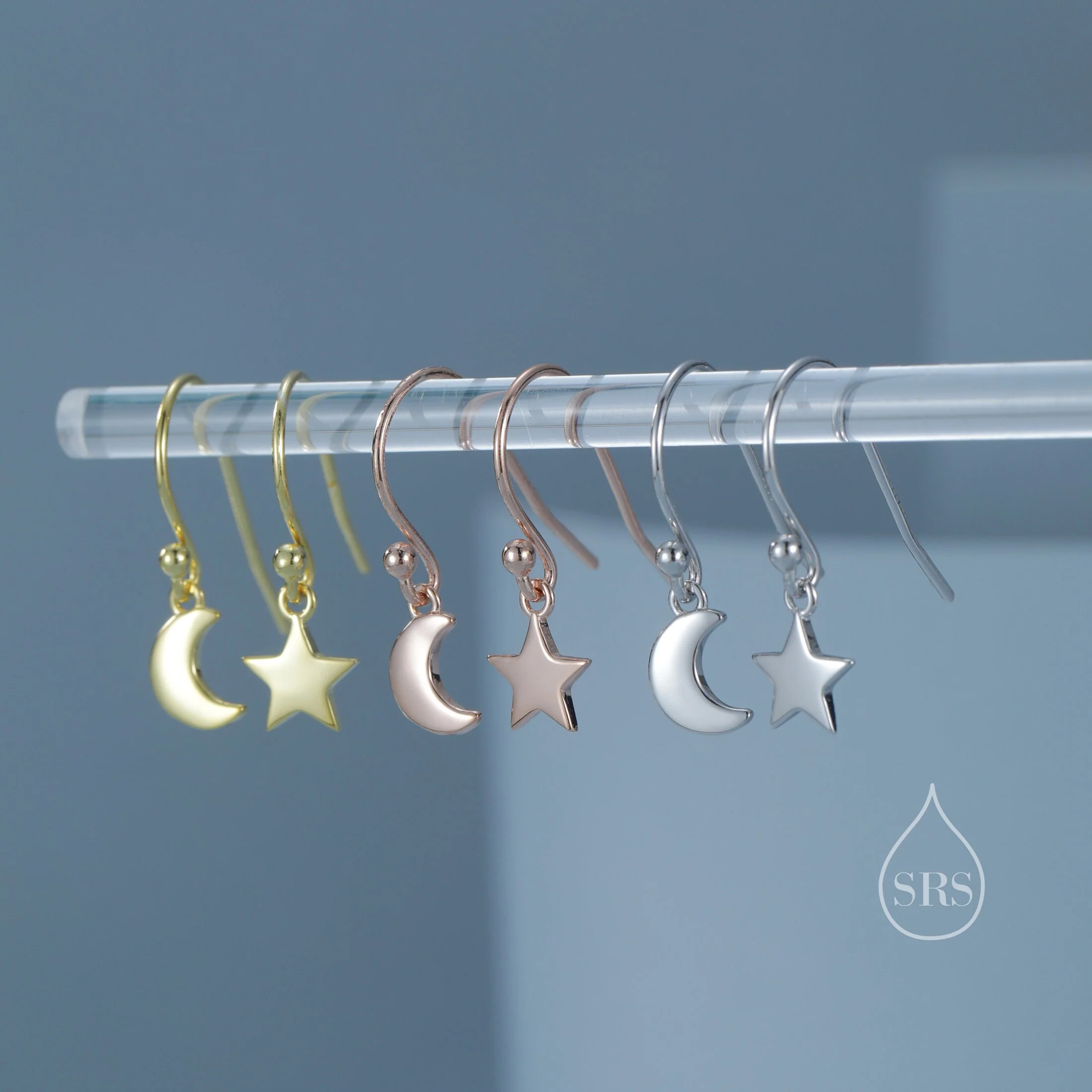 Asymmetric Moon and Star Dangle Drop Hook Earrings in Sterling Silver, Silver or Gold or Rose Gold, Tiny Moon and Star Dangle Earrings - Image 5
