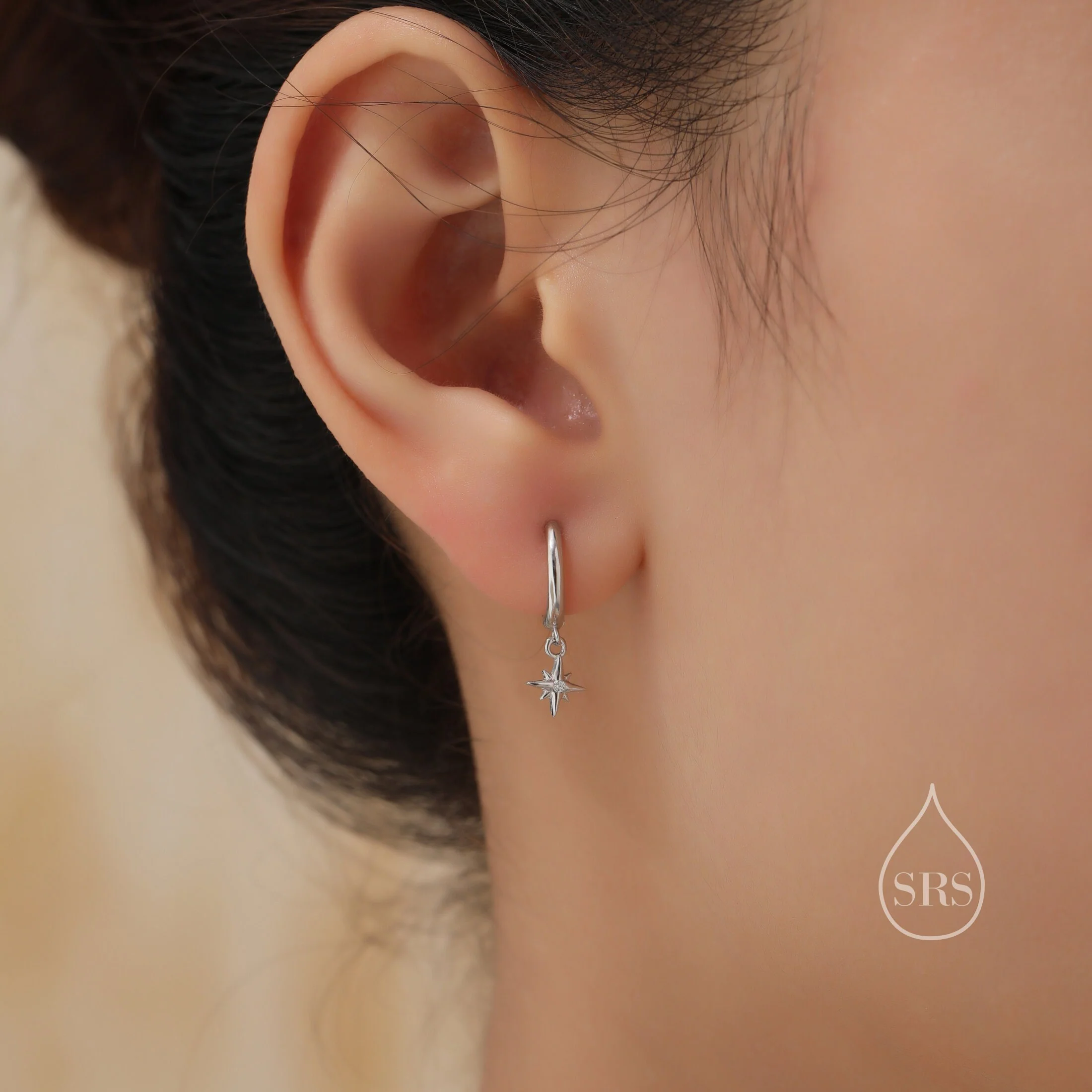 Asymmetric Moon and Star Dangle Huggie Hoop Earrings in Sterling Silver, Silver or Gold or Rose Gold, Tiny Moon and Star Skinny Hoops - Image 2