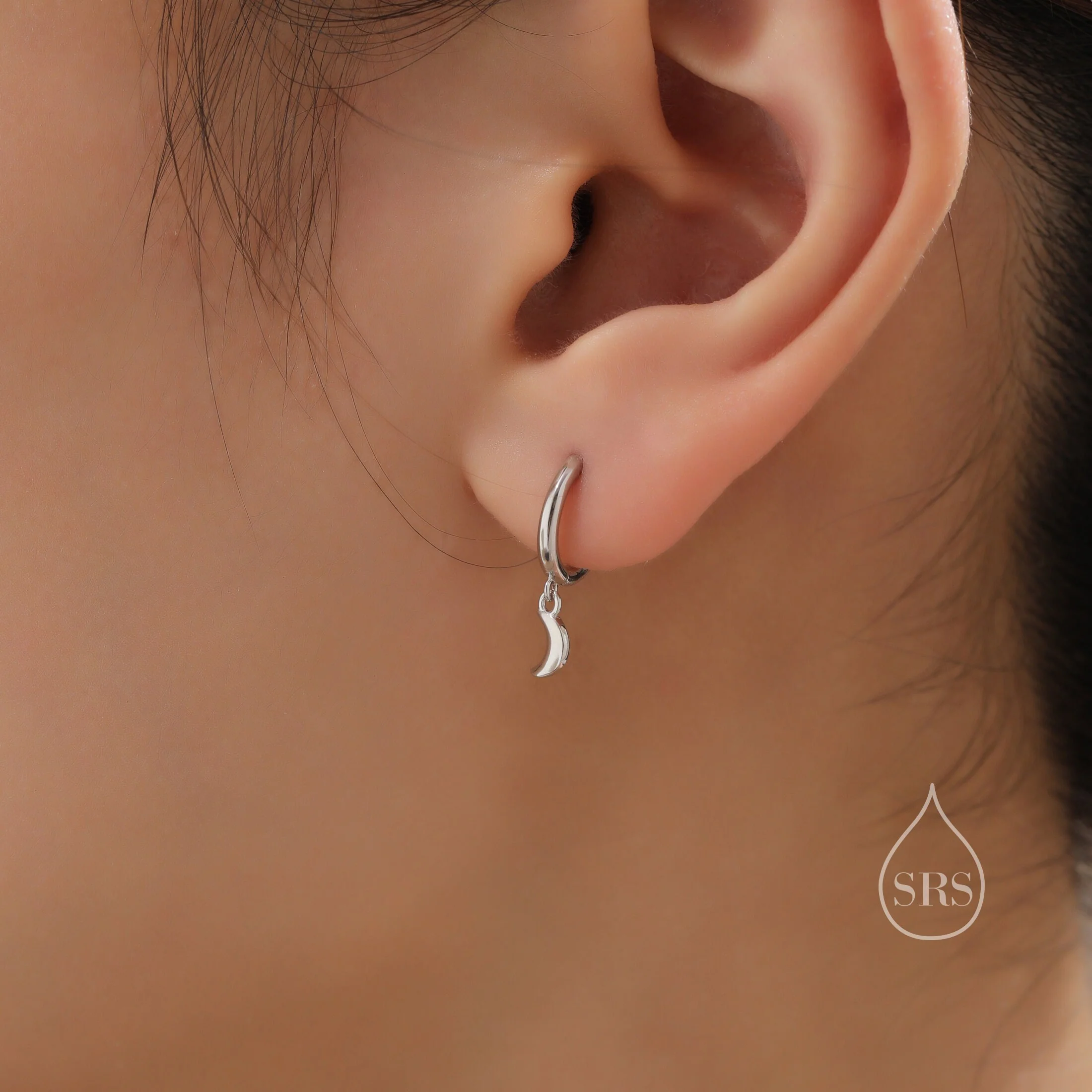 Asymmetric Moon and Star Dangle Huggie Hoop Earrings in Sterling Silver, Silver or Gold or Rose Gold, Tiny Moon and Star Skinny Hoops - Image 3