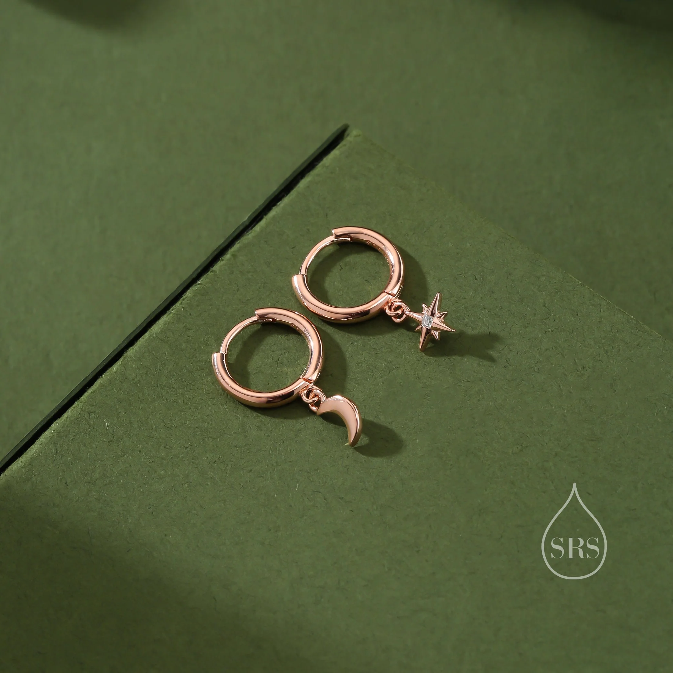 Asymmetric Moon and Star Dangle Huggie Hoop Earrings in Sterling Silver, Silver or Gold or Rose Gold, Tiny Moon and Star Skinny Hoops - Image 4