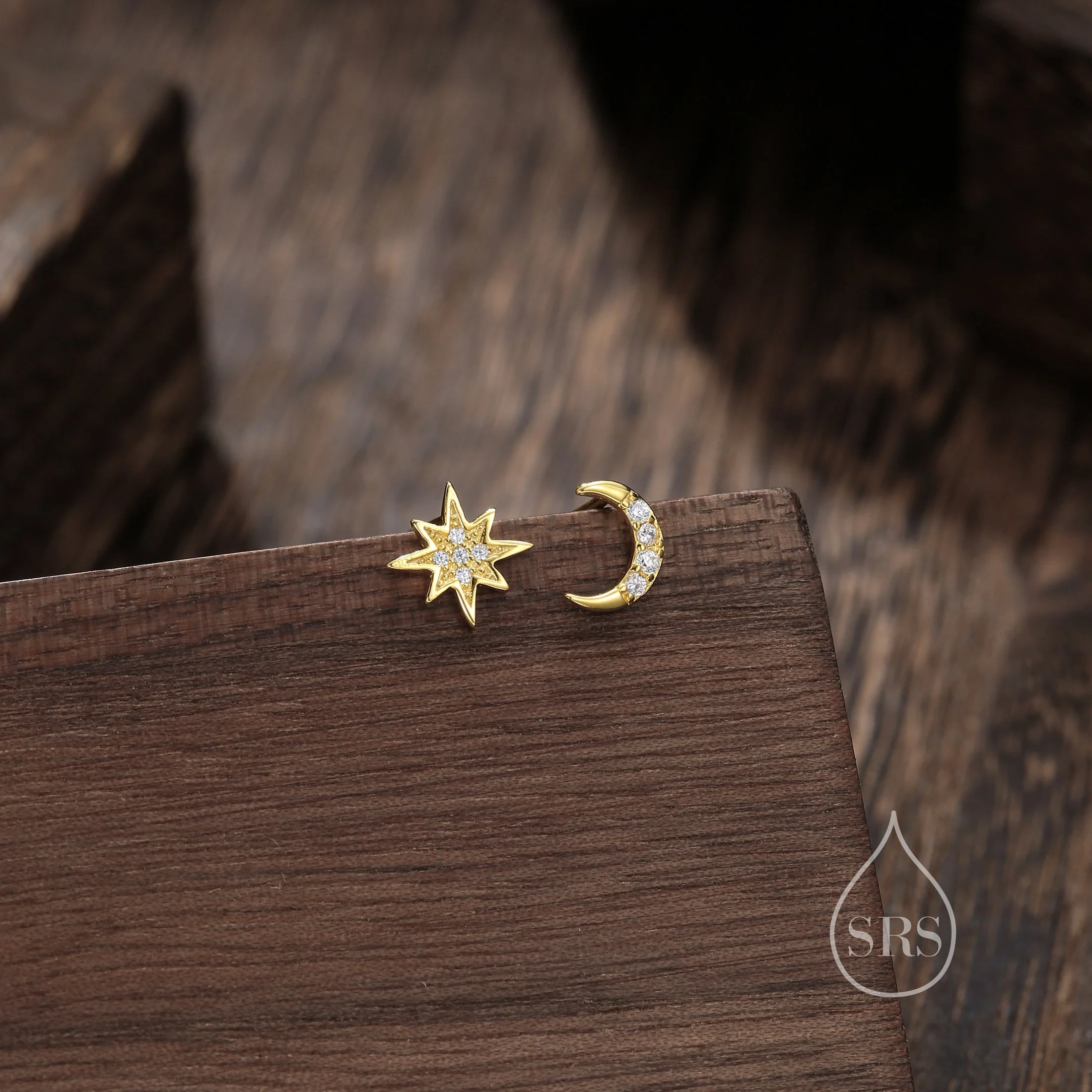 Asymmetric Moon and Starburst Stud Earrings, Silver, Gold or Rose Gold, Star Stud Earrings, Petite Celestial Earrings - Image 5