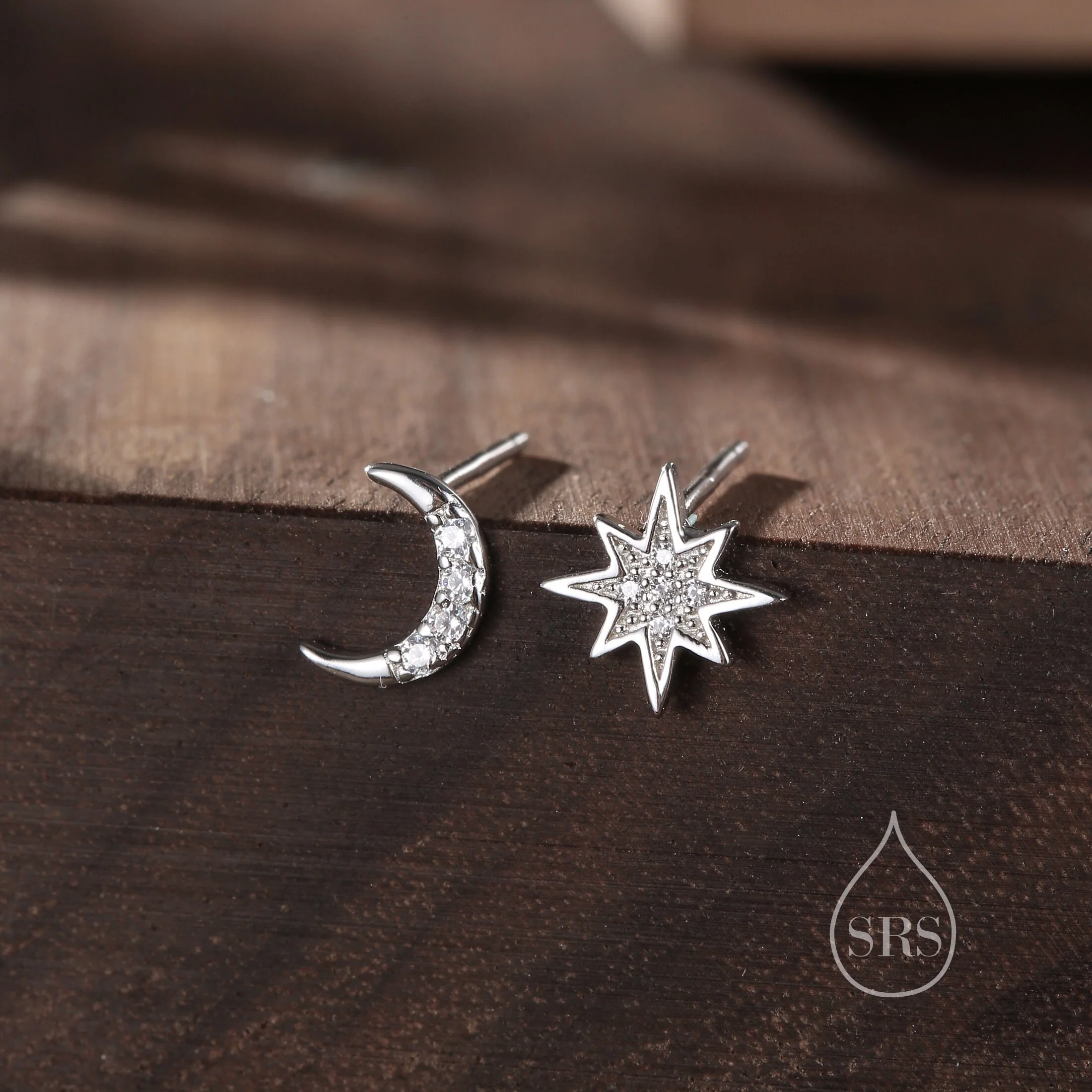Asymmetric Moon and Starburst Stud Earrings, Silver, Gold or Rose Gold, Star Stud Earrings, Petite Celestial Earrings - Image 6