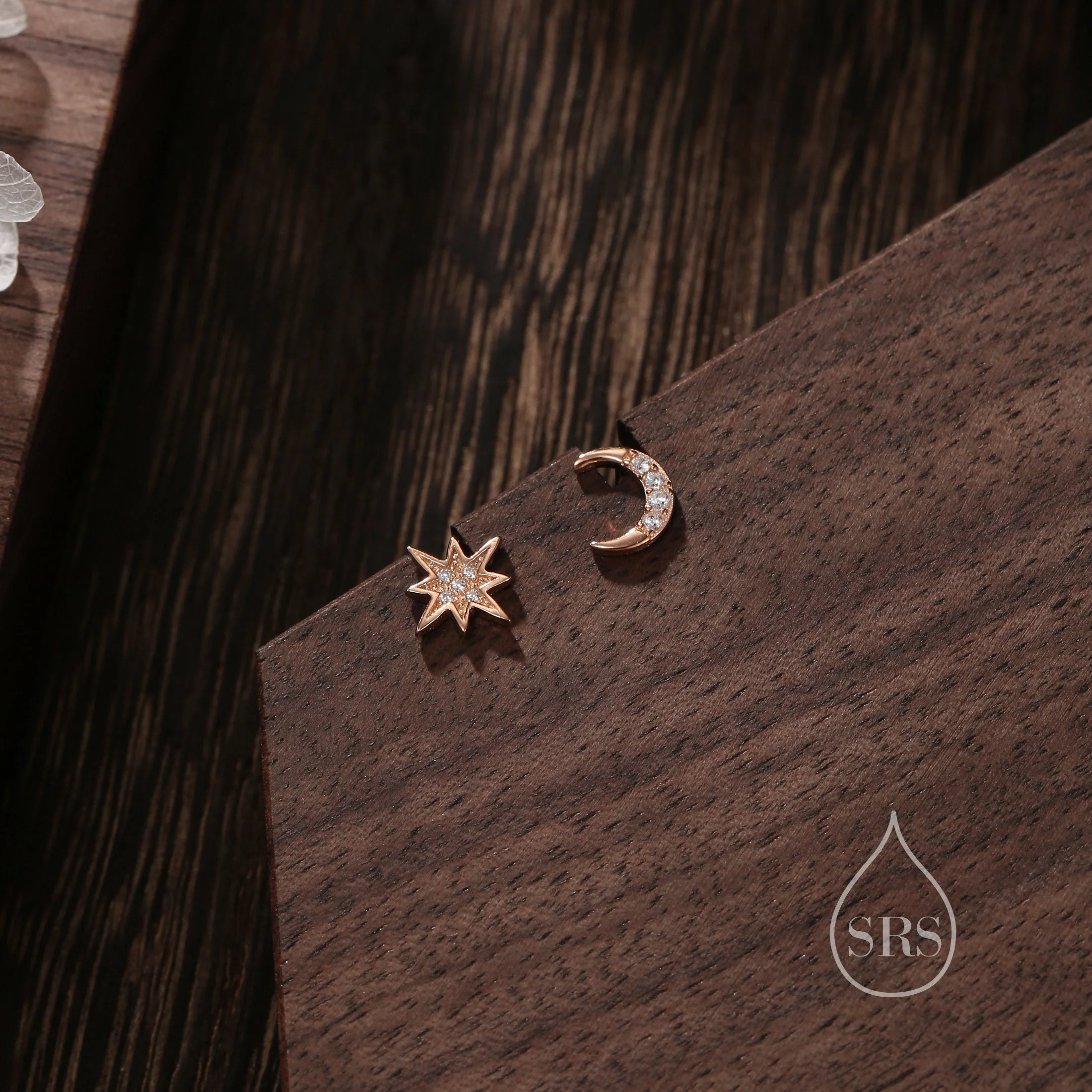 Asymmetric Moon and Starburst Stud Earrings, Silver, Gold or Rose Gold, Star Stud Earrings, Petite Celestial Earrings - Image 7