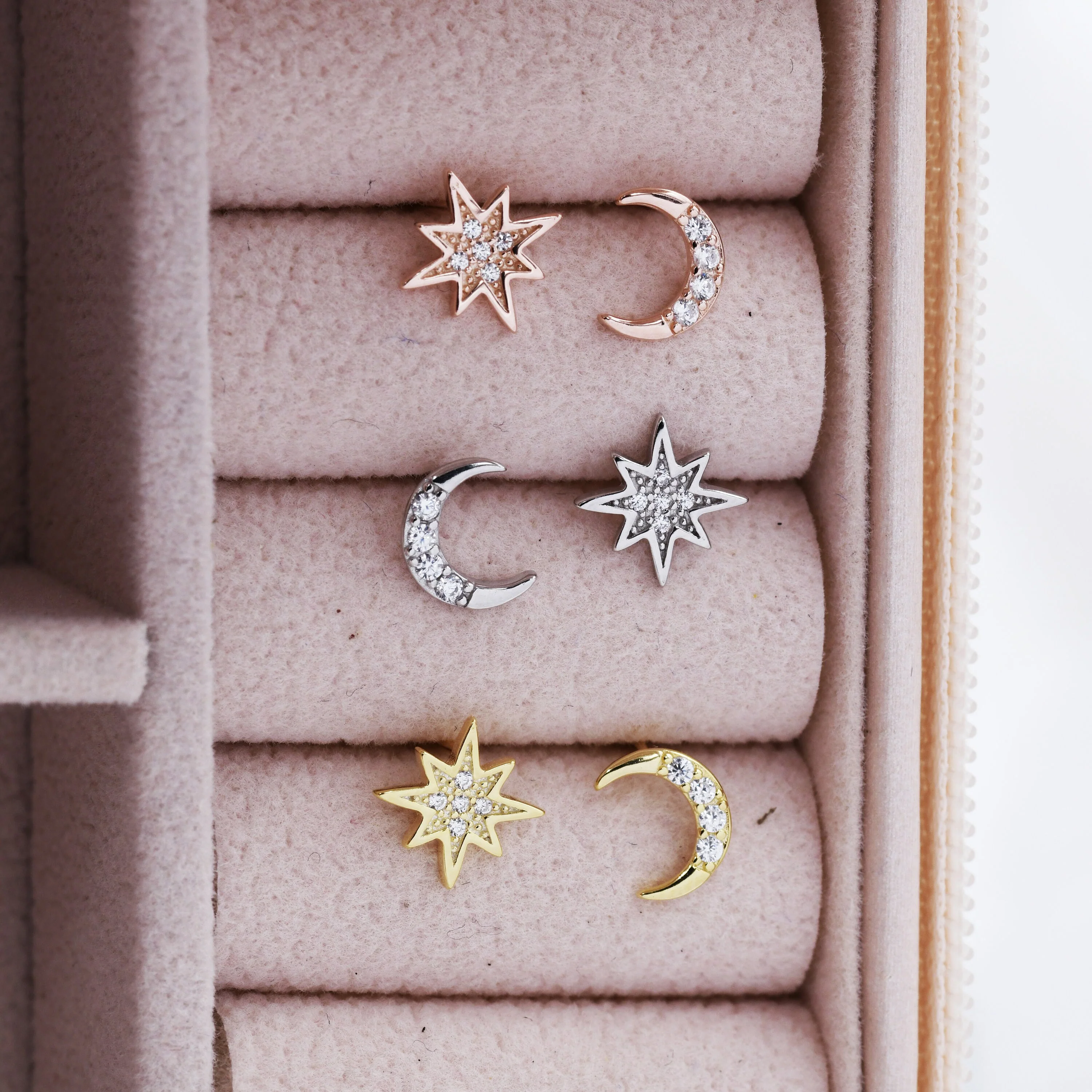Asymmetric Moon and Starburst Stud Earrings, Silver, Gold or Rose Gold, Star Stud Earrings, Petite Celestial Earrings - Image 8