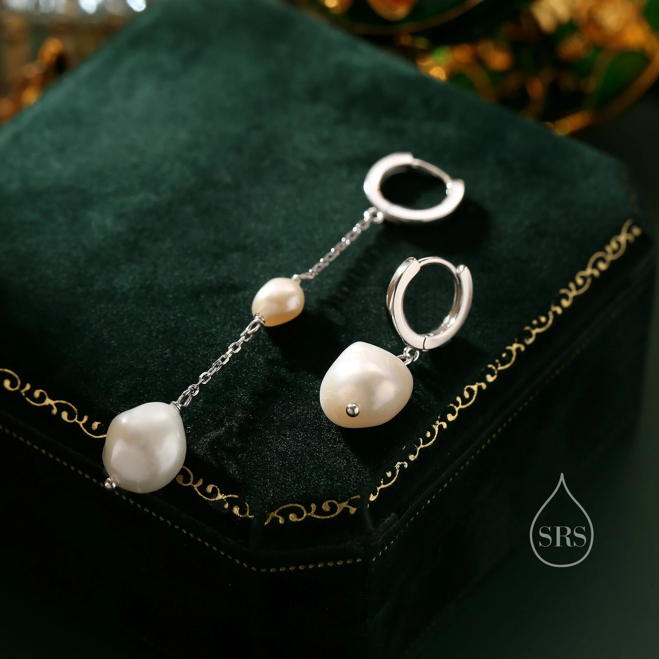 Asymmetric Natural Freshwater Baroque Pearl Huggie Hoop Earrings in Sterling Silver, Pearl Cascade Dangle Chain Earrings, Gold and Silver - Image 2