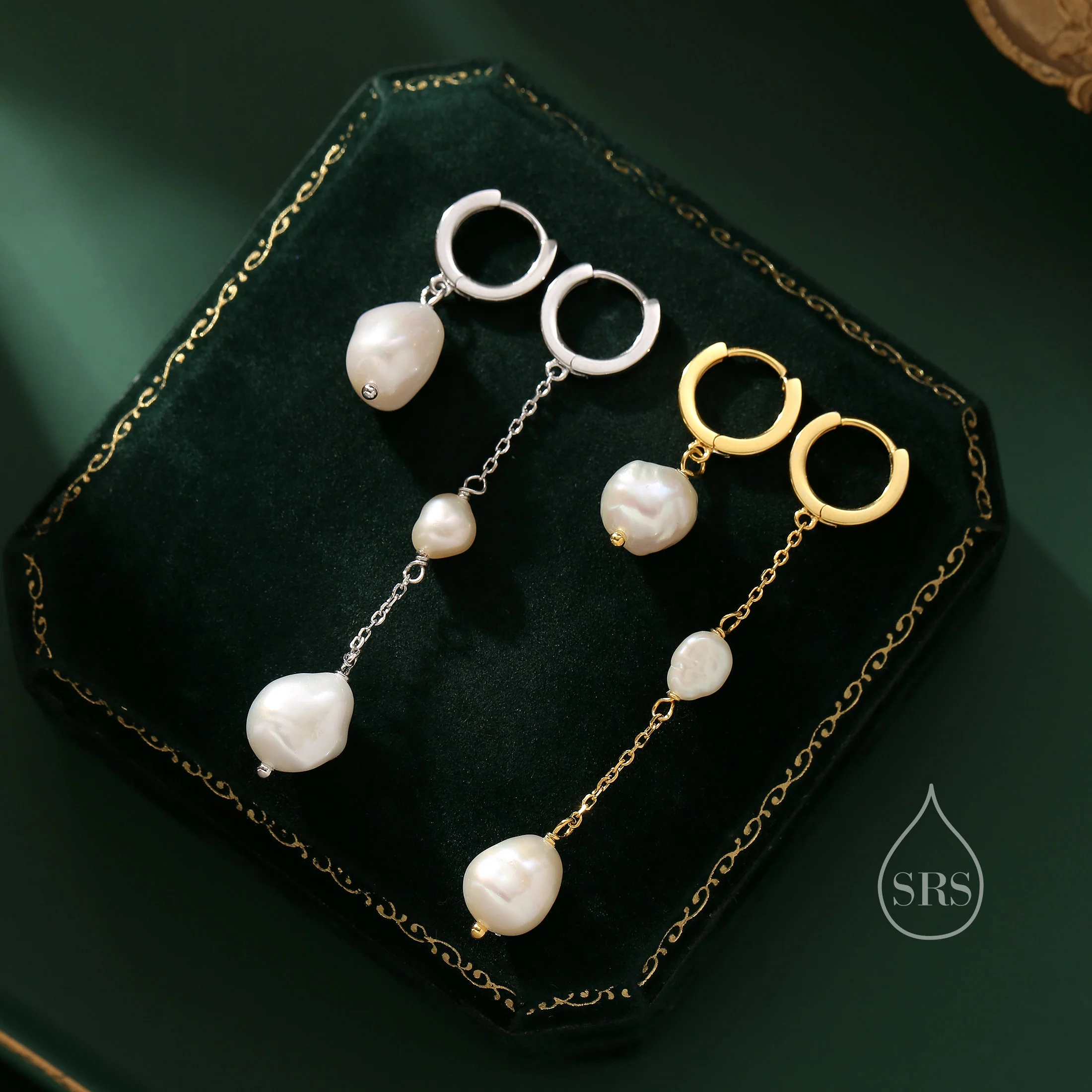 Asymmetric Natural Freshwater Baroque Pearl Huggie Hoop Earrings in Sterling Silver, Pearl Cascade Dangle Chain Earrings, Gold and Silver - Image 6