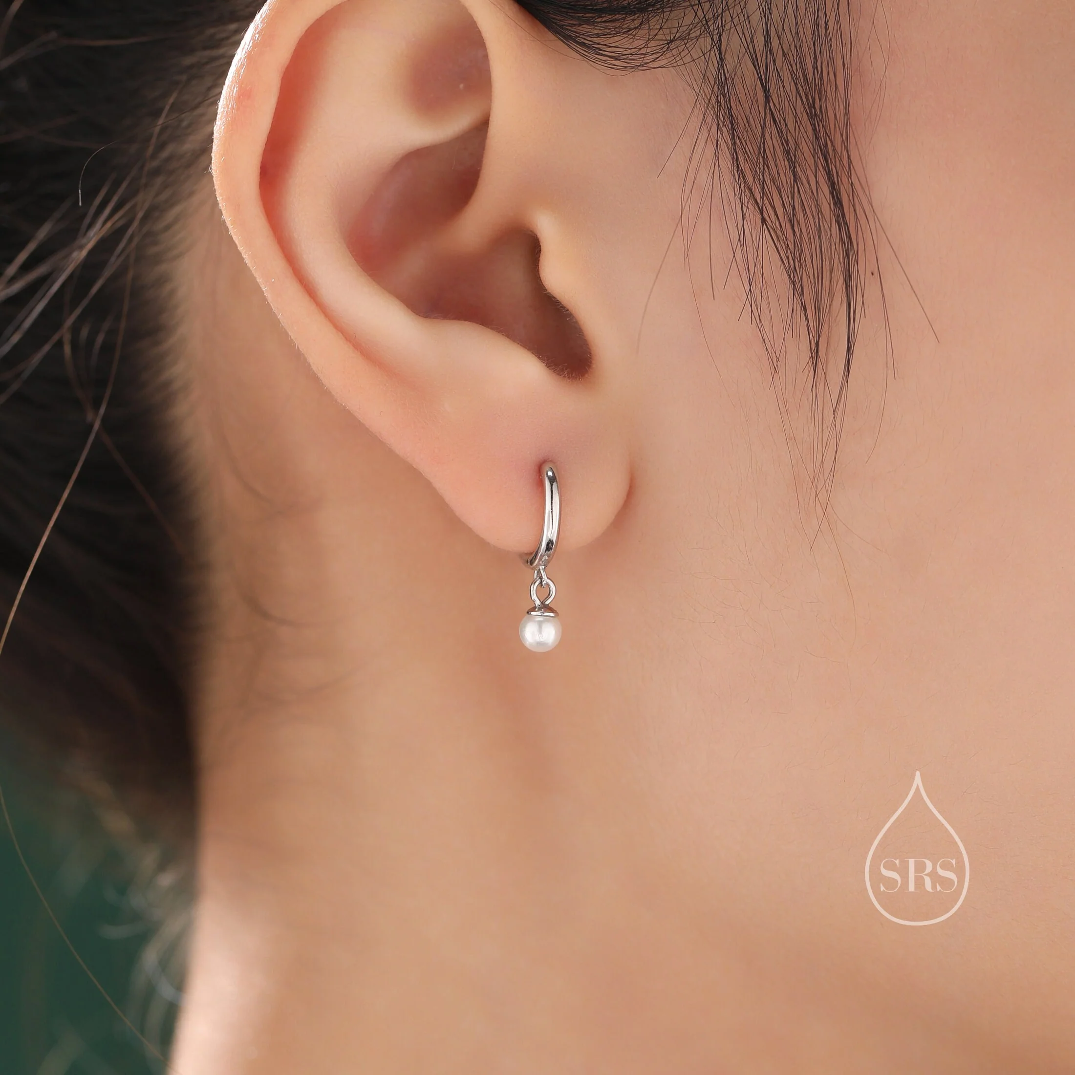 Asymmetric Pearl Huggie Hoops Earrings in Sterling Silver with CZ Crystals, Lab Created Mother of Pearls Beads, Silver or Gold - Image 3