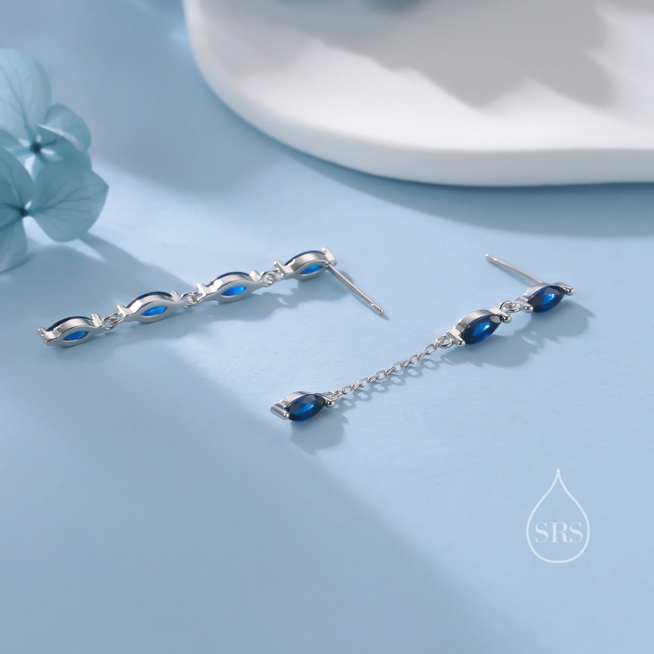 Asymmetric Sapphire Blue CZ Dangle Drop Stud Earrings in Sterling Silver, Marquise CZ Leave Earrings, Tree Branch Nature Inspired Design - Image 7
