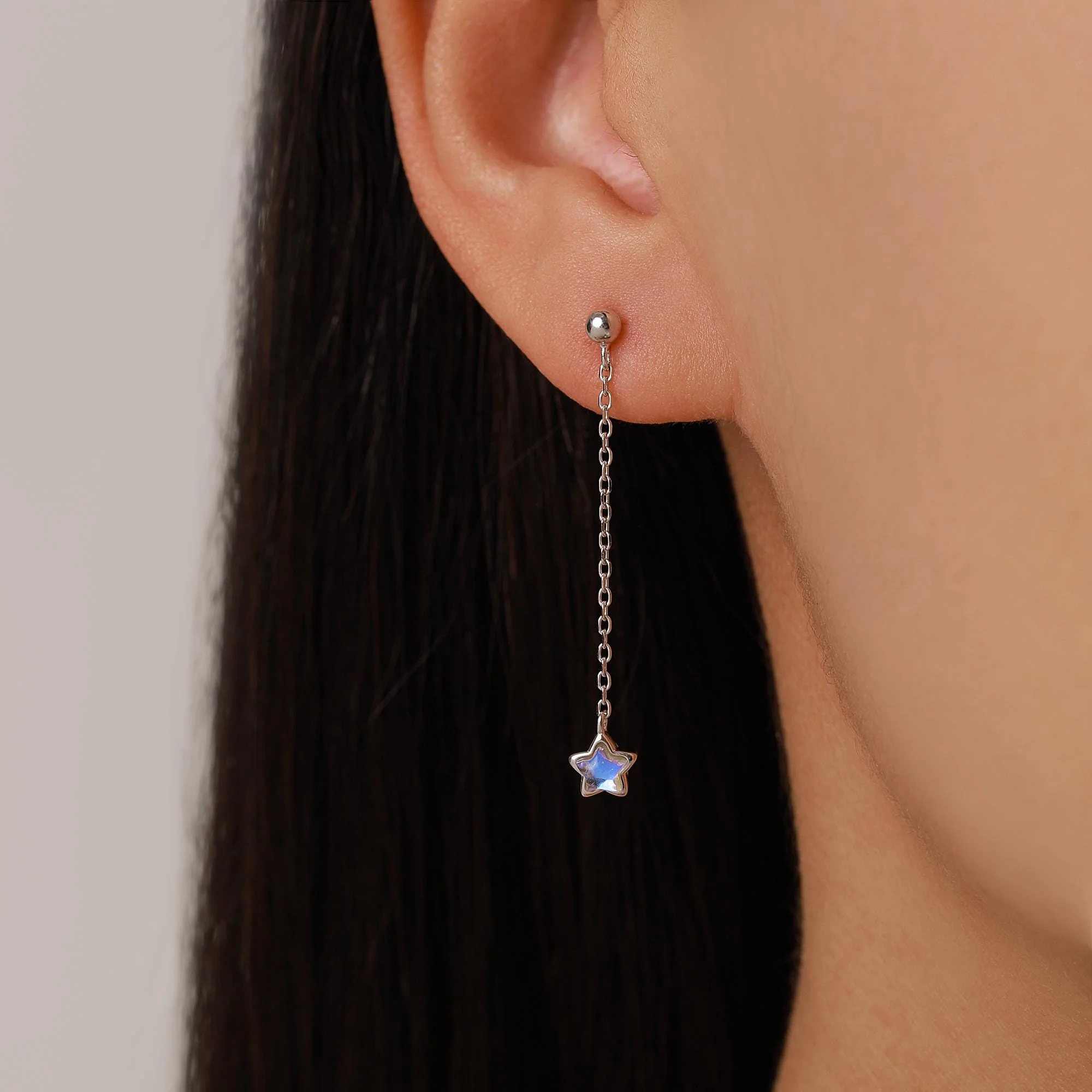Asymmetric Tiny Moonstone Star Dangle Stud Earrings in Sterling Silver - Image 4