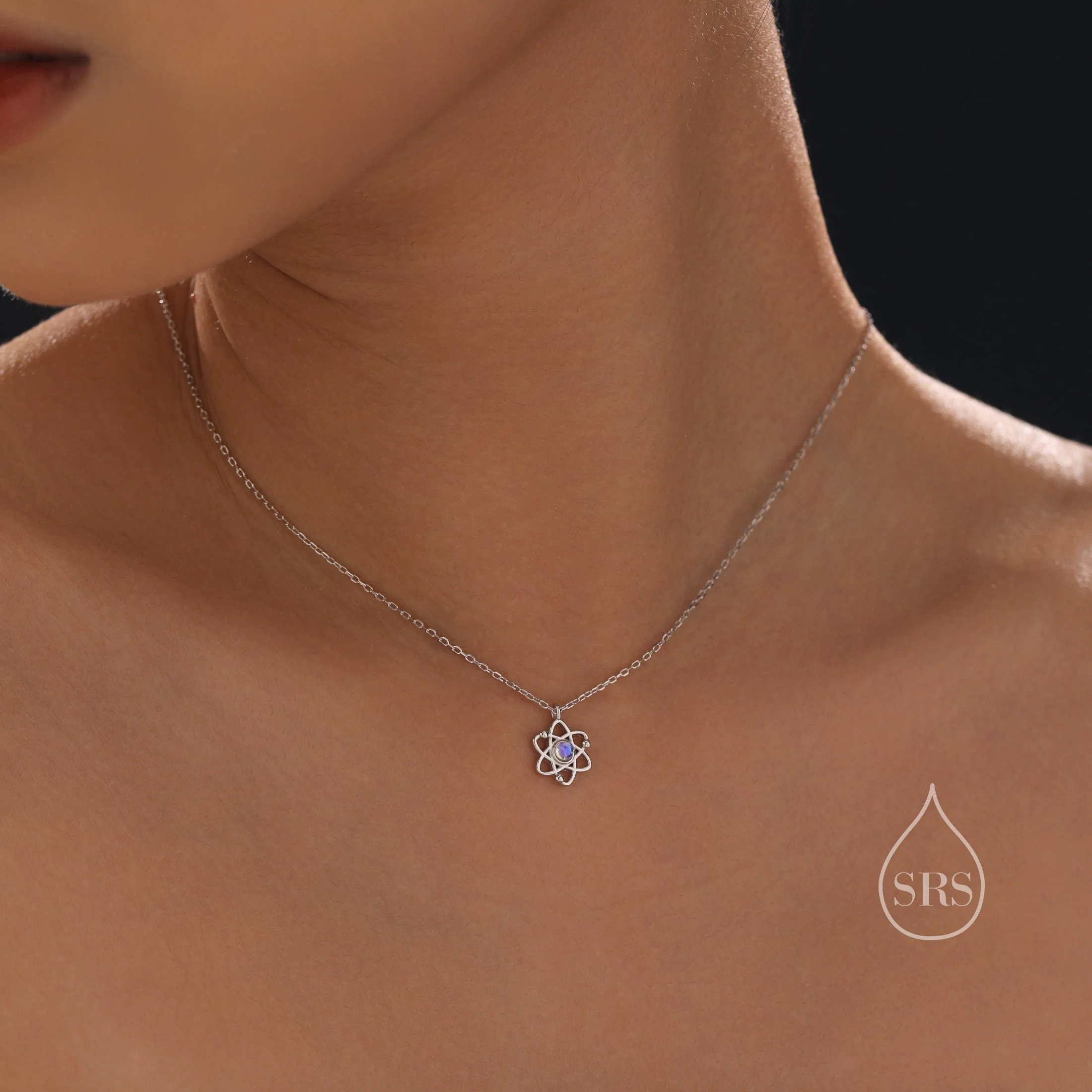 Atom Pendant Necklace Sterling Silver with Simulated Moonstone, Silver or Gold or Rose Gold, Atom Necklace, Science Jewellery,Scientist Gift - Image 4