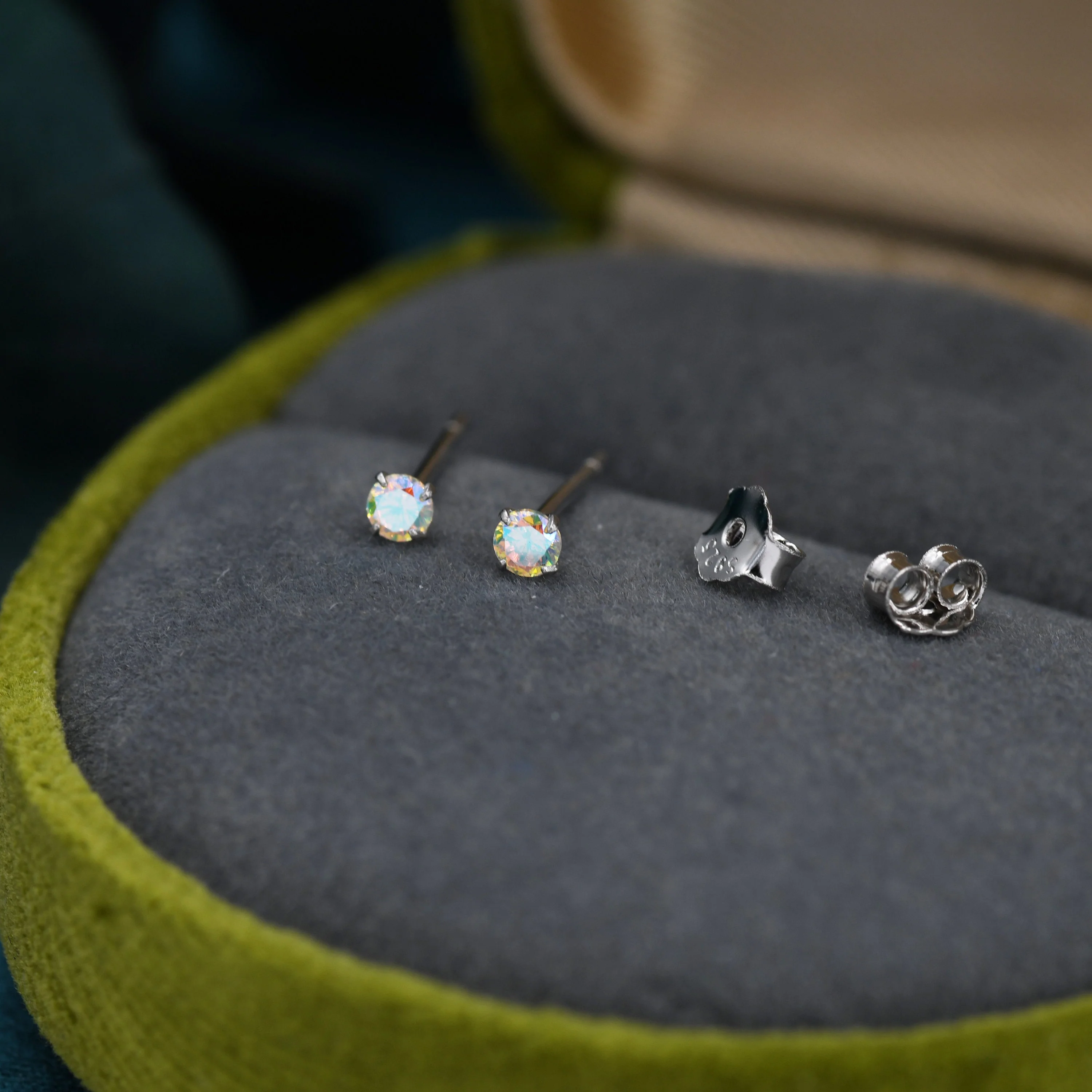 Aurora AB Crystal Tiny CZ Stud Earrings in Sterling Silver, 2.5mm/3mm Colour Changing Crystals, Extra Small - Image 3