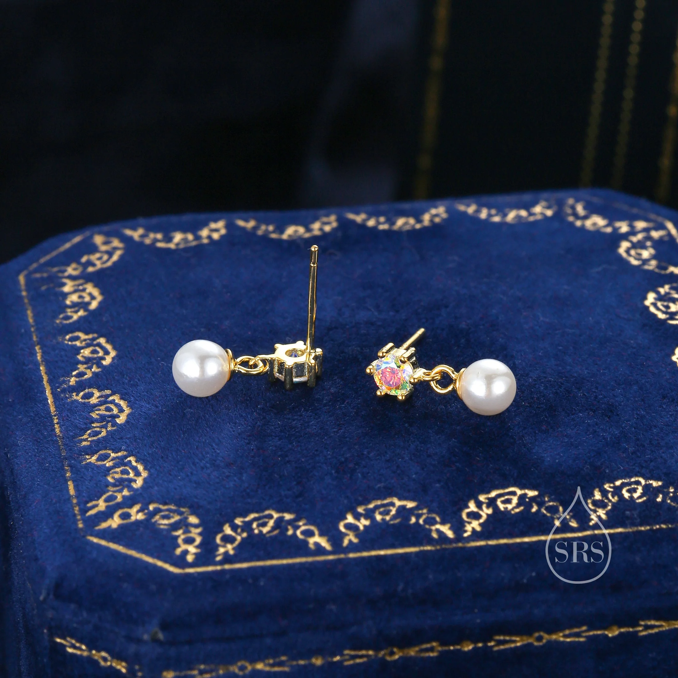 Aurora AB Crystal with Dangling Pearl Earrings in Sterling Silver, CZ and Pearl Drop Earrings, Lab Created Mother of Pearl Beads - Image 7
