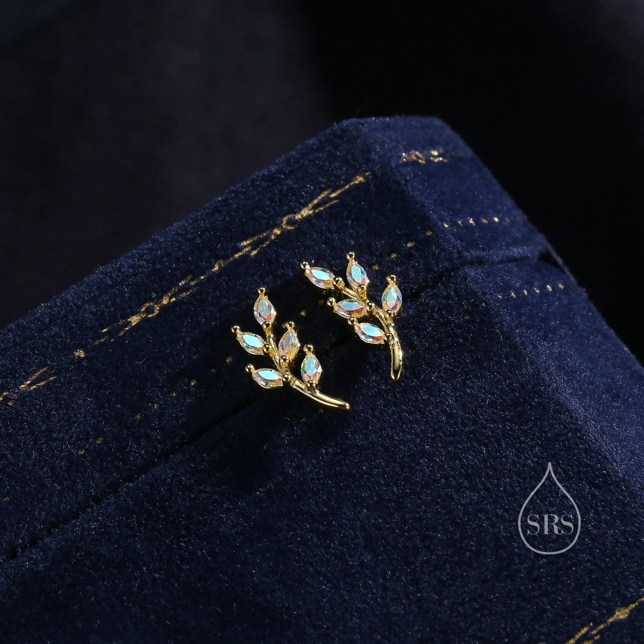 Aurora AB CZ Leaf Stud Earrings in Sterling Silver, Silver or Gold, Colour Changing Olive Branch Earrings, Olive Leaf Earrings - Image 5