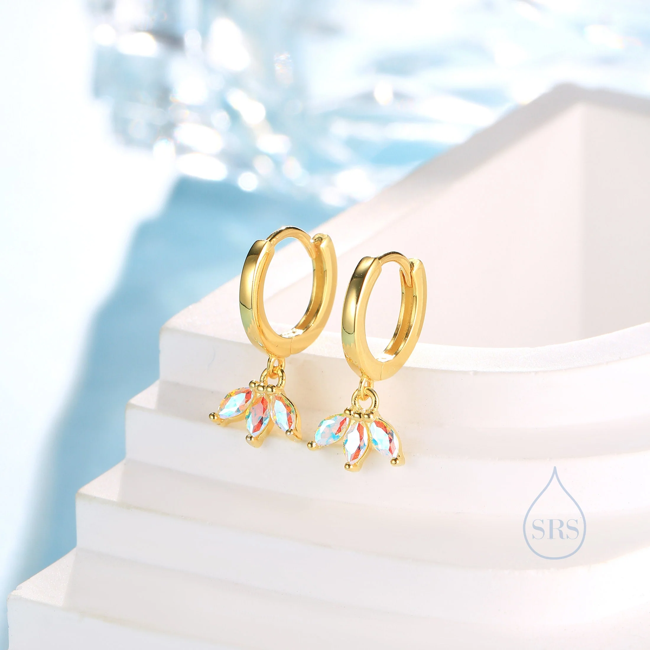 Aurora AB CZ Marquise Crown Huggie Hoop Earrings in Sterling Silver, Silver or Gold, Geometric Hoop Earrings, Colour Changing - Image 4