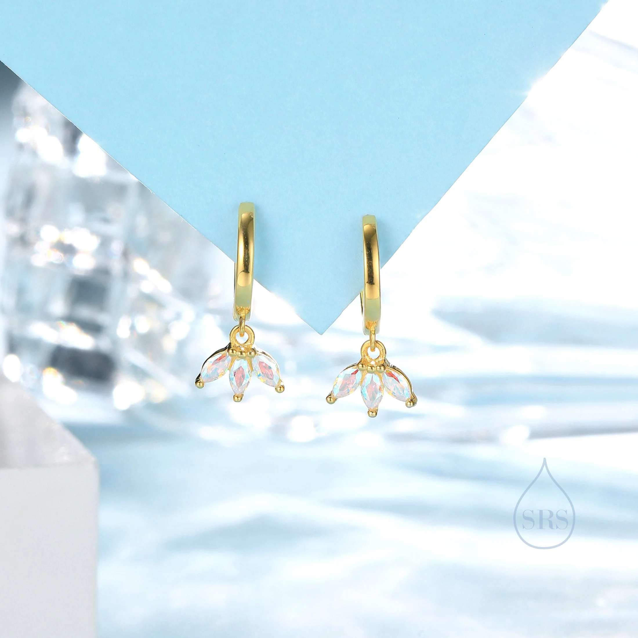 Aurora AB CZ Marquise Crown Huggie Hoop Earrings in Sterling Silver, Silver or Gold, Geometric Hoop Earrings, Colour Changing - Image 7