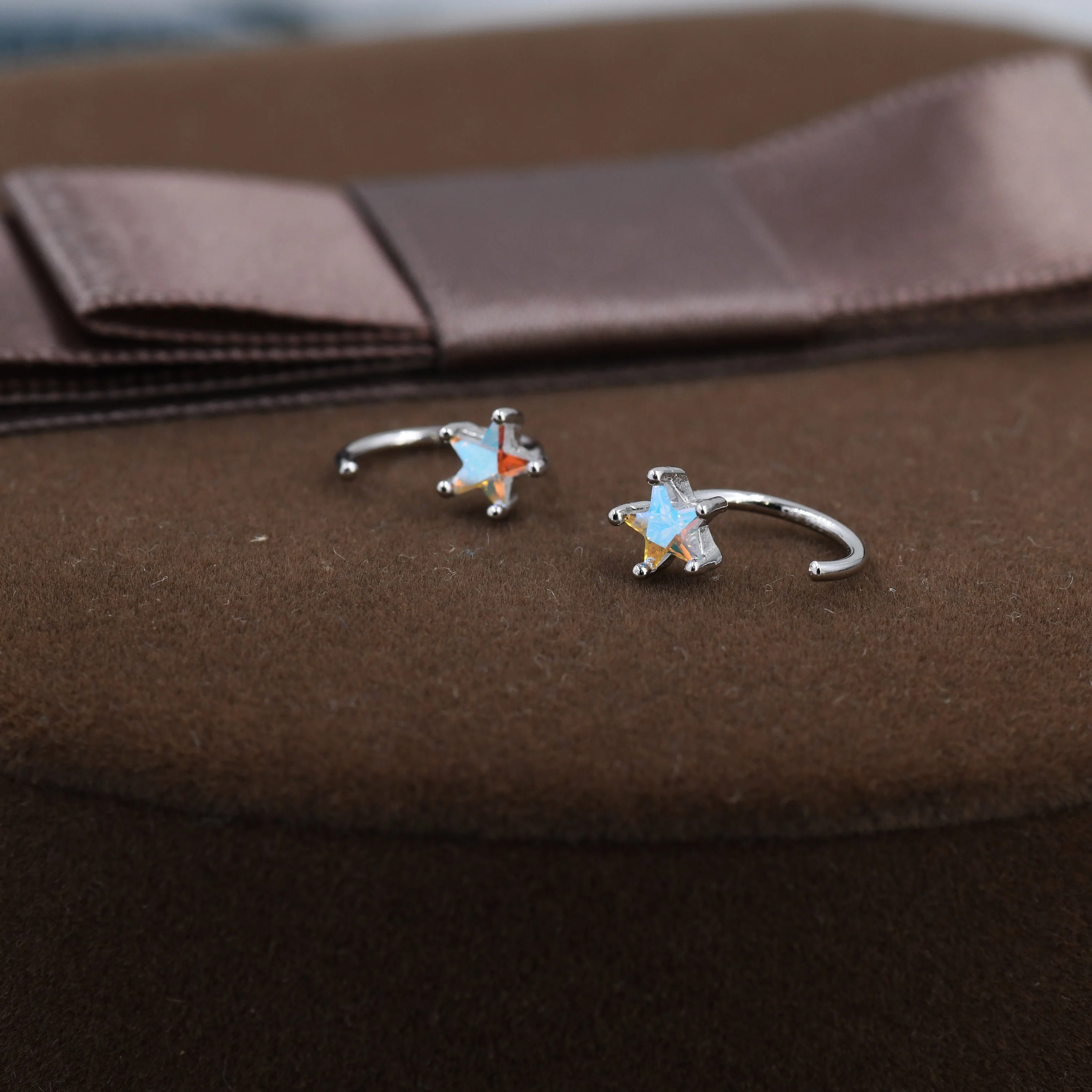 Aurora Borealis AB CZ Star Huggie Hoop Earrings in Sterling Silver, Tiny Moonstone Star CZ Open Hoops, Pull Through Threaders, Half Hoops - Image 4