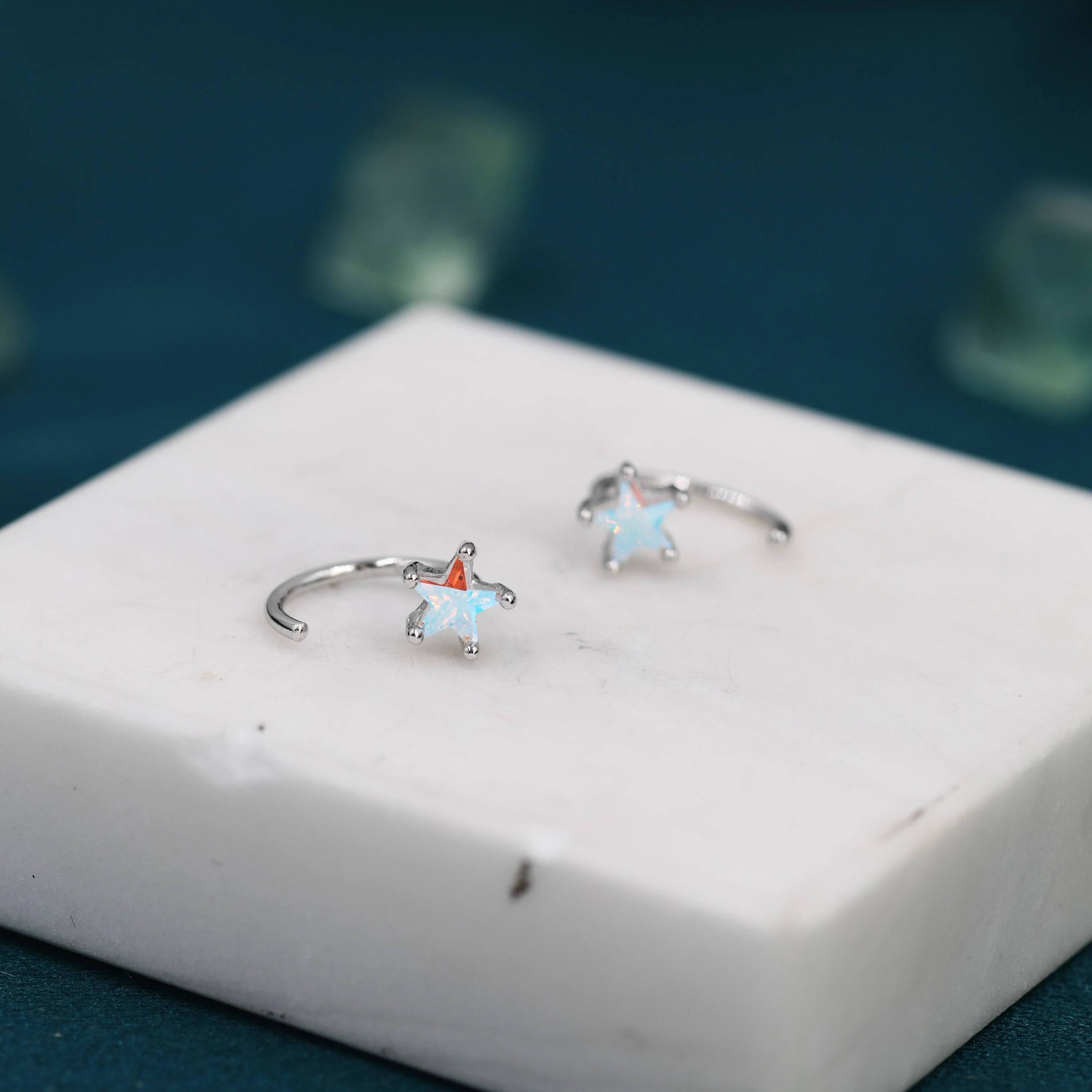 Aurora Borealis AB CZ Star Huggie Hoop Earrings in Sterling Silver, Tiny Moonstone Star CZ Open Hoops, Pull Through Threaders, Half Hoops - Image 6