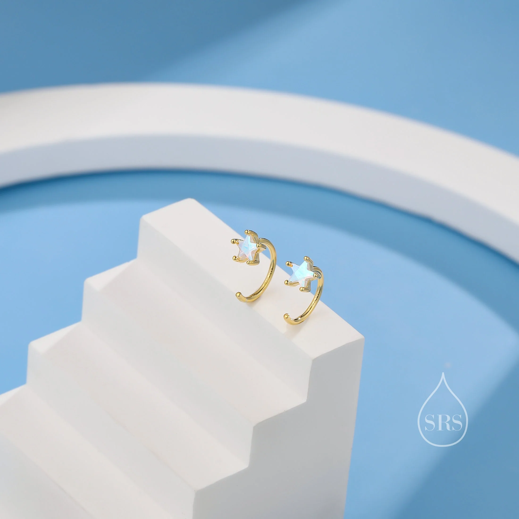 Aurora Borealis AB CZ Star Huggie Hoop Earrings in Sterling Silver, Tiny Moonstone Star CZ Open Hoops, Pull Through Threaders, Half Hoops - Image 8