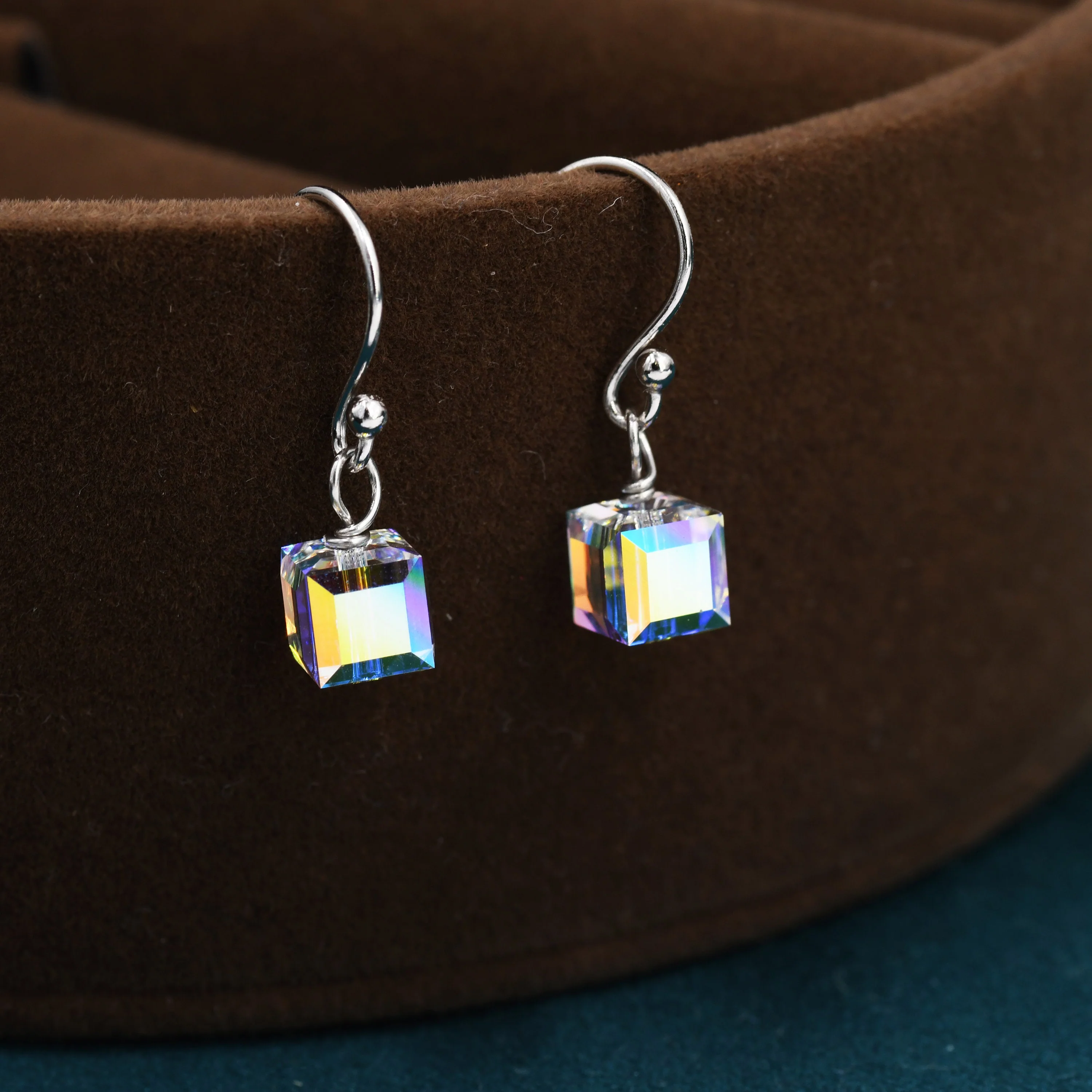 Aurora Borealis Cube Drop Hook Earrings in Sterling Silver, AB CZ Cube Earrings, Aurora Colour Changing Square Earrings - Image 6