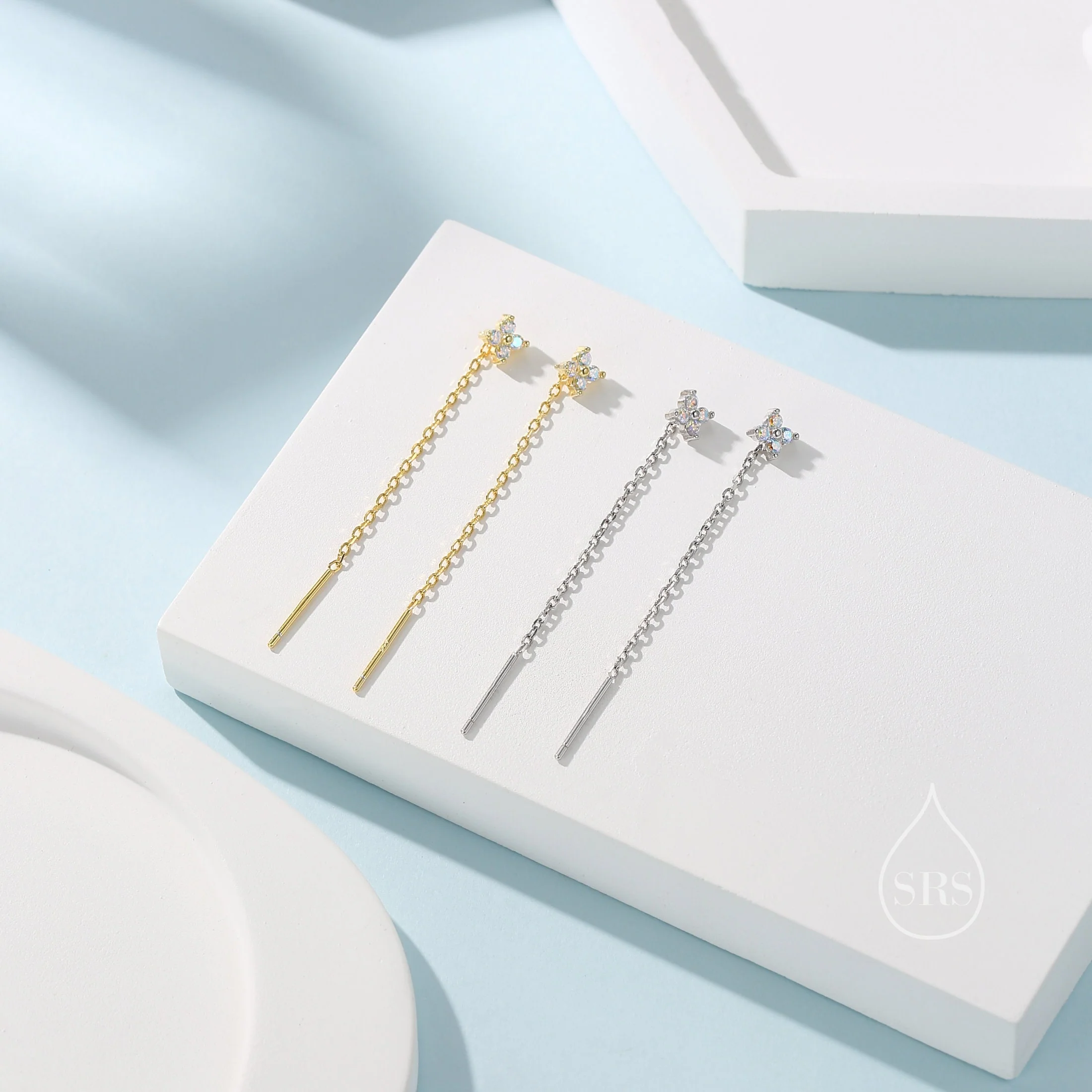 Aurora Borealis Four CZ Flower Threader Earrings in Sterling Silver, Hydrangea AB Crystal Ear Threaders, Trefoil Moonstone Earrings - Image 7